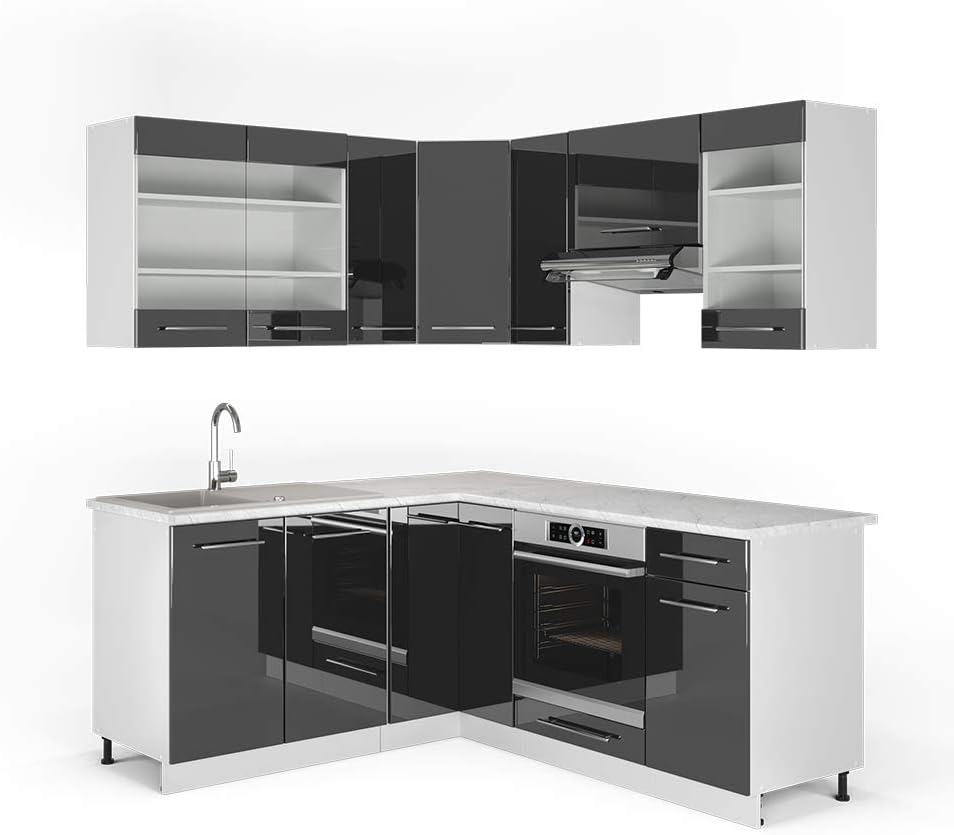 Vicco Küchenzeile, 160 x 190 cm, Anthrazit/Weiss, Eckküche Fame-Line, Anthrazit Hochglanz/Weiss, ohne Arbeitsplatte