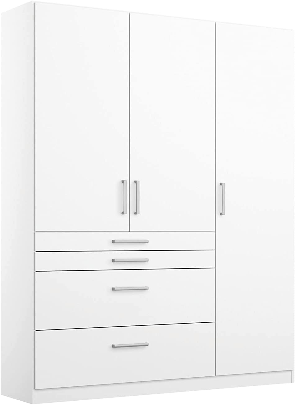 Kleiderschrank Rauch Möbel, 136x197x54 cm, Weiss, Harburg Schrank Drehtürenschrank 3-türig mit 4 Schubladen, 1 Kleiderstange BxHxT