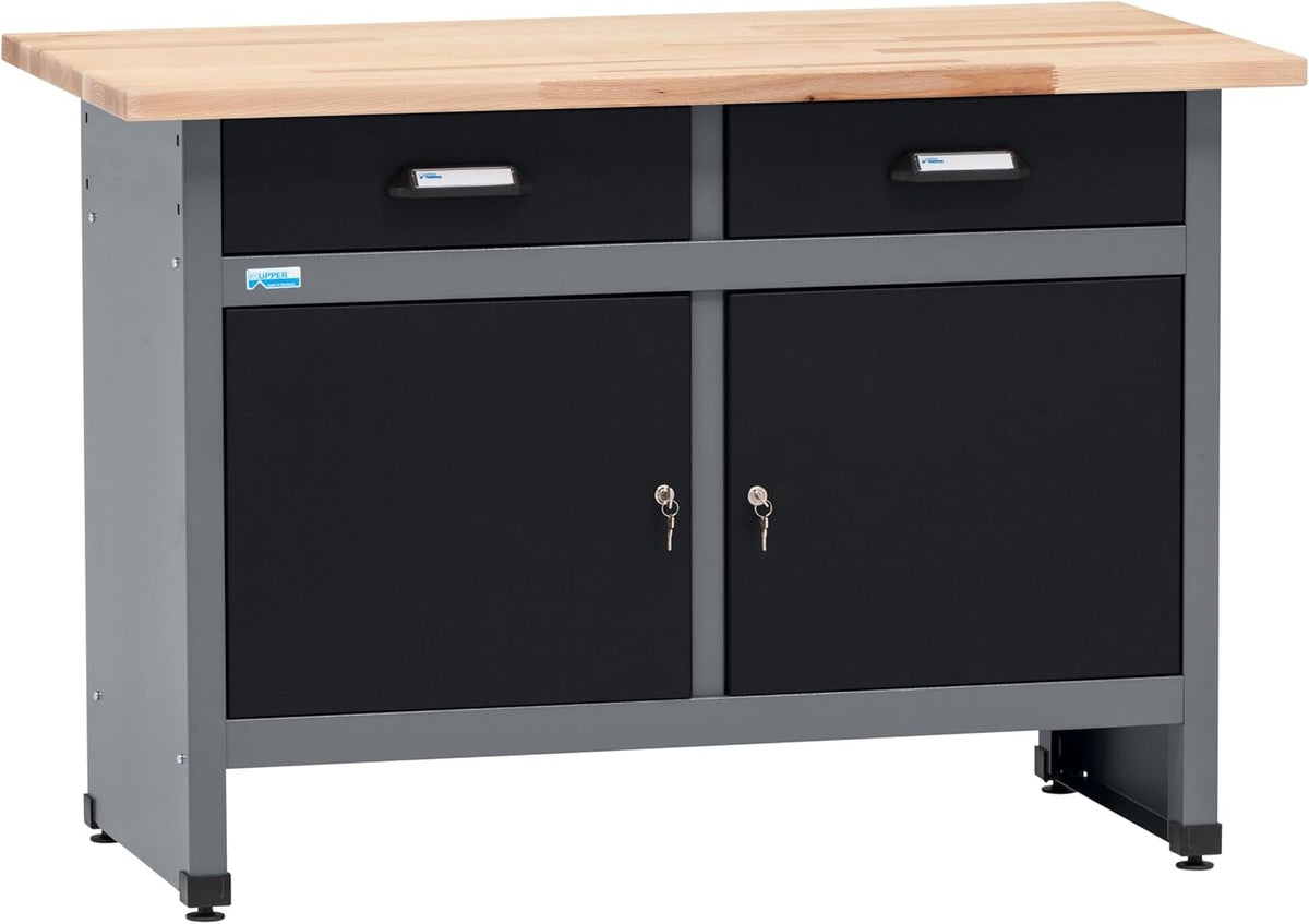 Küpper Werkbänke, 120x84x60 cm, 300 kg, 30 mm, Schwarz/Grau/Holz, Werkbank 12059, 2 Schubladen, 2 Türen, Traglast