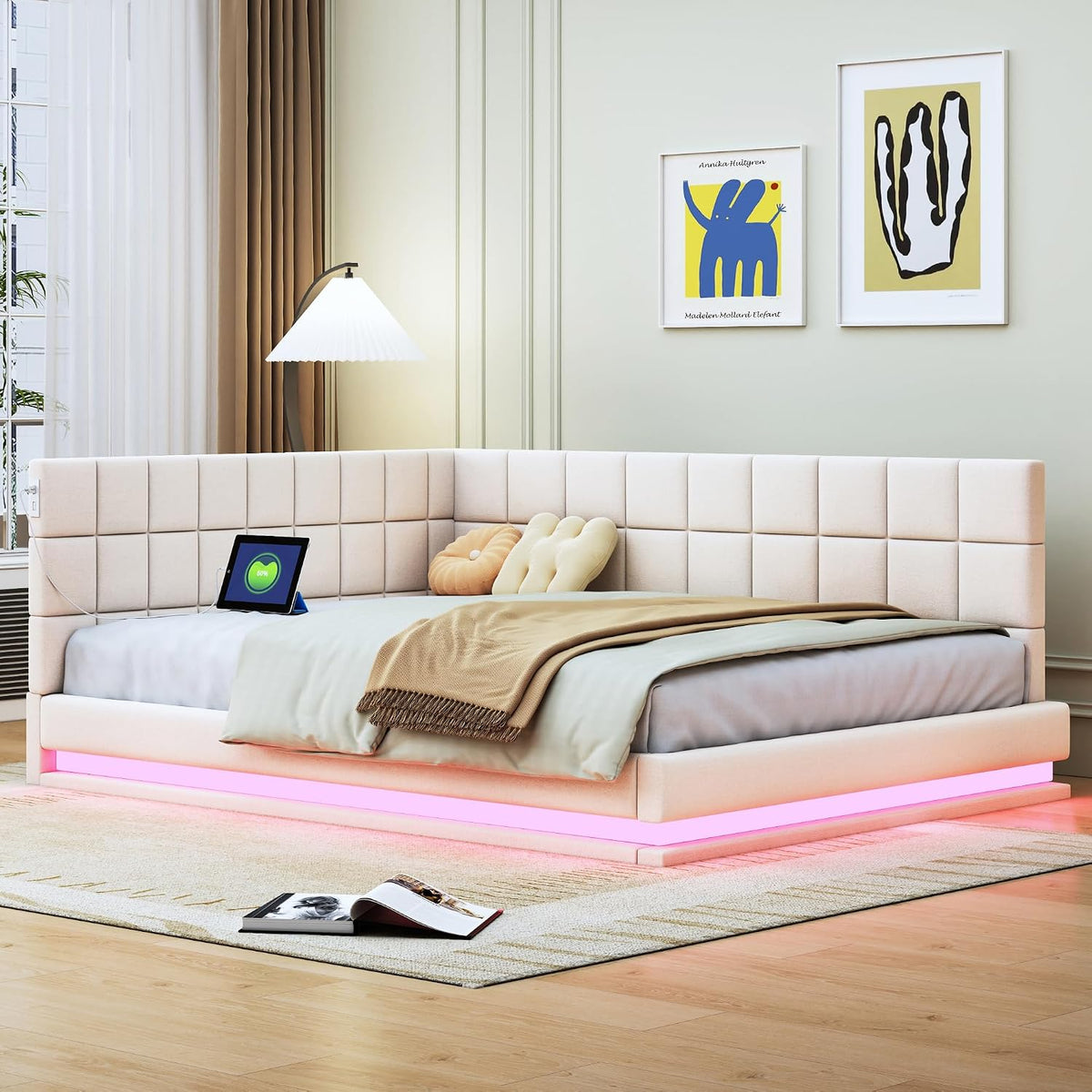 okwish Matratze, 140x200 cm, Beige, Schlafsofa Daybett mit Lattenrost und LED Lichtleiste, Tagesbett Polsterbett mit USB Steckdose