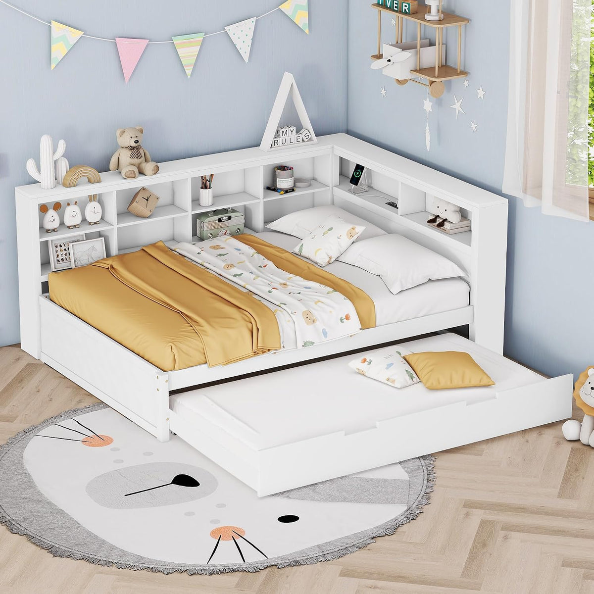 Merax Matratze, 140 x 200 cm, 90x190 cm, Weiss/Senfgelb, Kinderbett mit USB-Buchse, Jugendbett mit Ausziehbarem Bett und Stauraum
