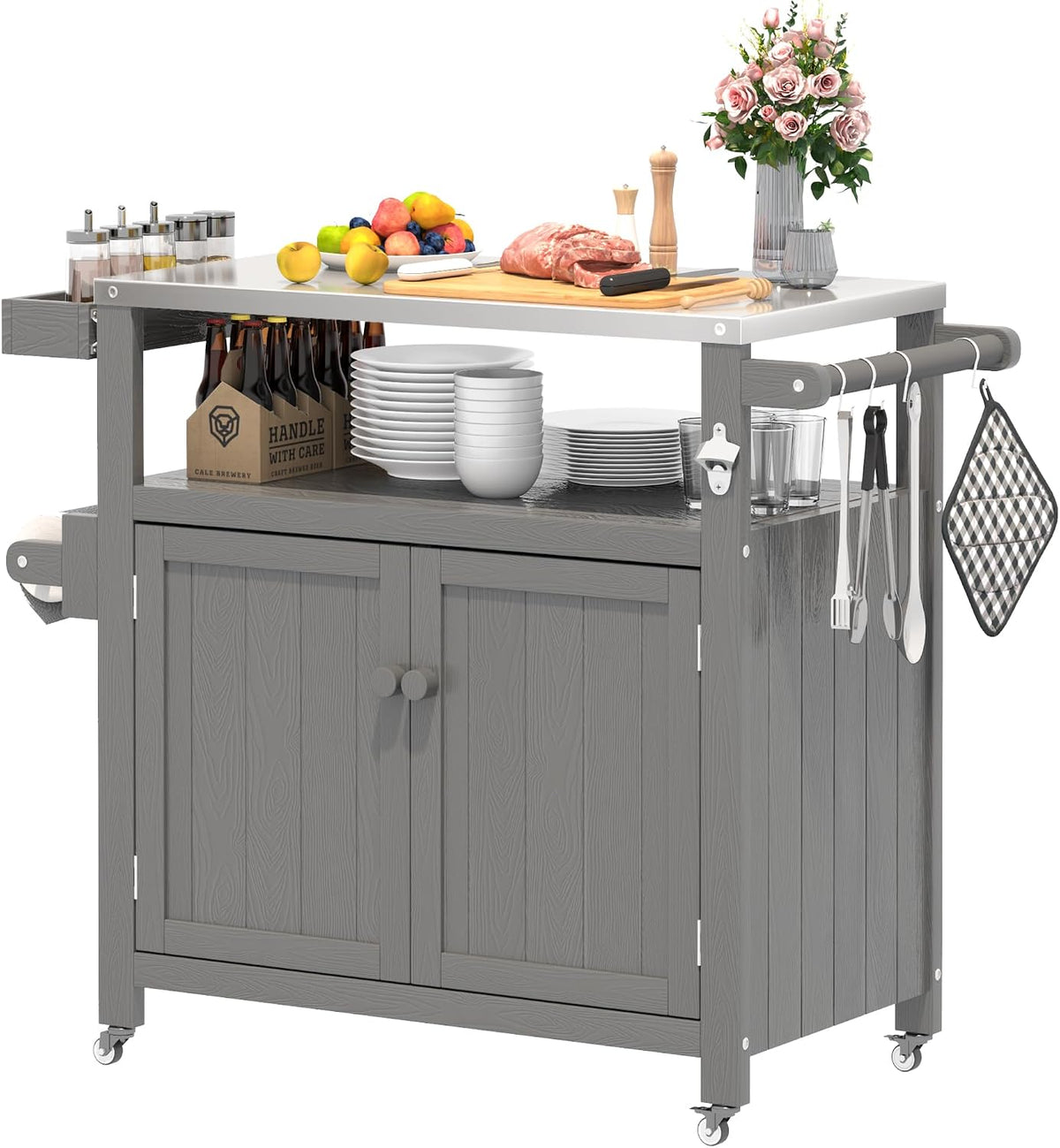 Jacklin F Backofen, Grau, Outdoor Kücheninsel Mit Rollen - Mobile Grillwagen, Mehrfachnutzer Aussen-Küchenwagen Mit Ablagefach &