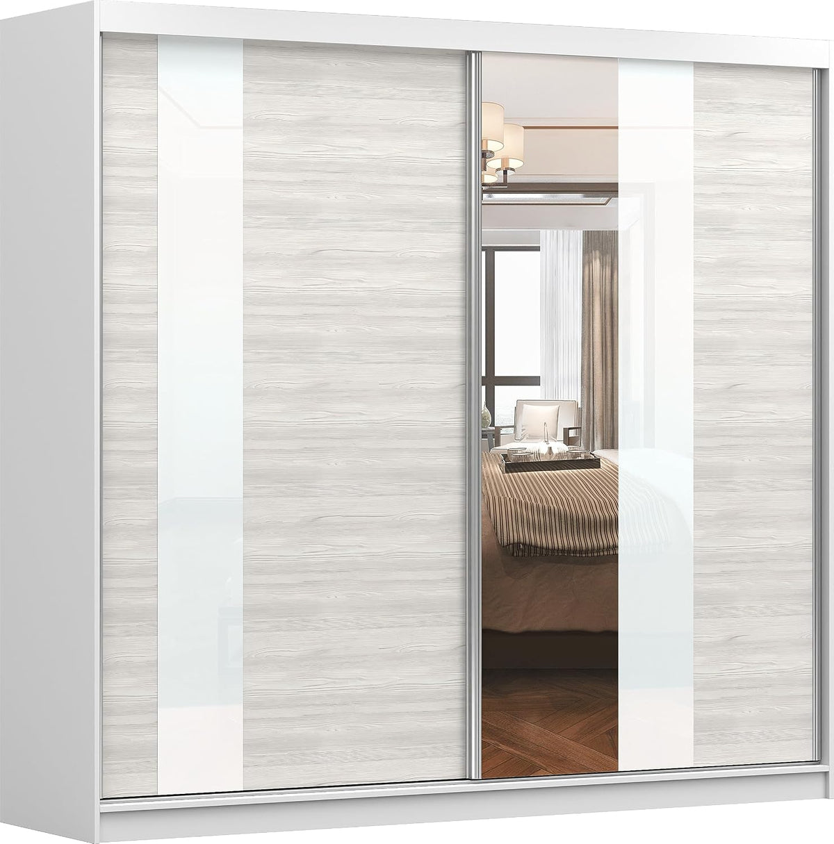 Kleiderschrank Fabryka Mebli Idźczak, 230 cm, Weiss/Sonoma Eiche/Spiegel, Schlafzimmerschrank