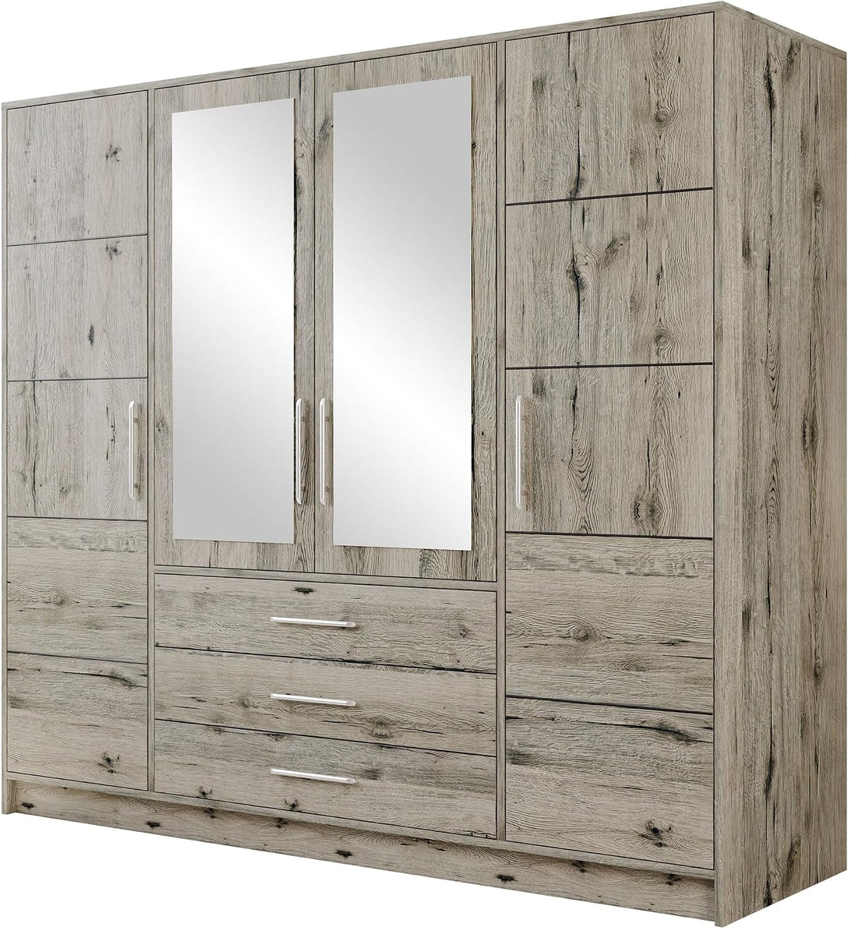 Kleiderschrank Mirjan24, Eiche, Drehtürenschrank Bado 4D, mit Spiegel, Schubladen und Spiegeltüren, Elegantes Schlafzimmer Schrank