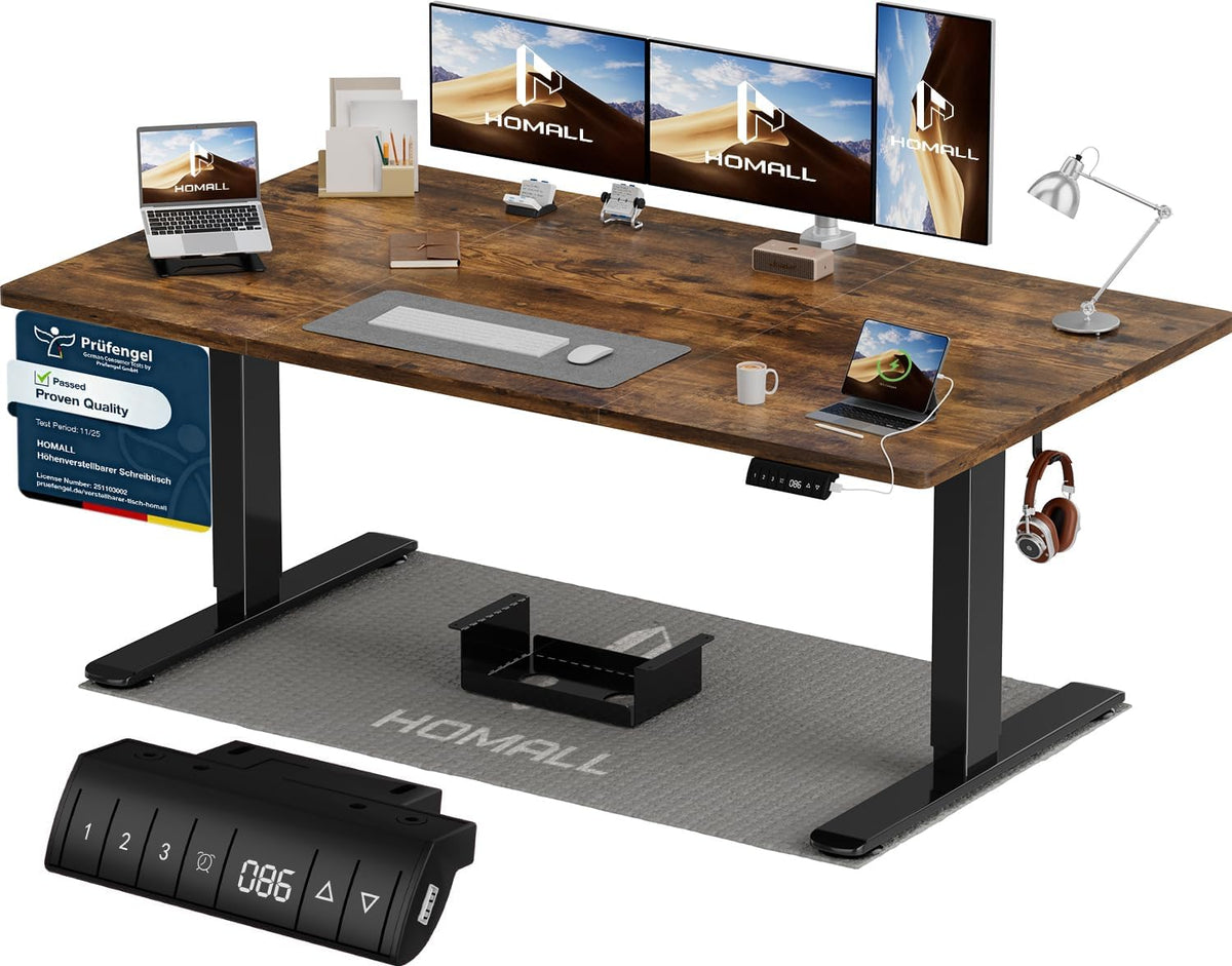 Homall Schreibtisch, 160x80 cm, Braun/Schwarz, Höhenverstellbarer mit USB-A Ladeanschluss, Elektrischer mit Kabel Management Tray