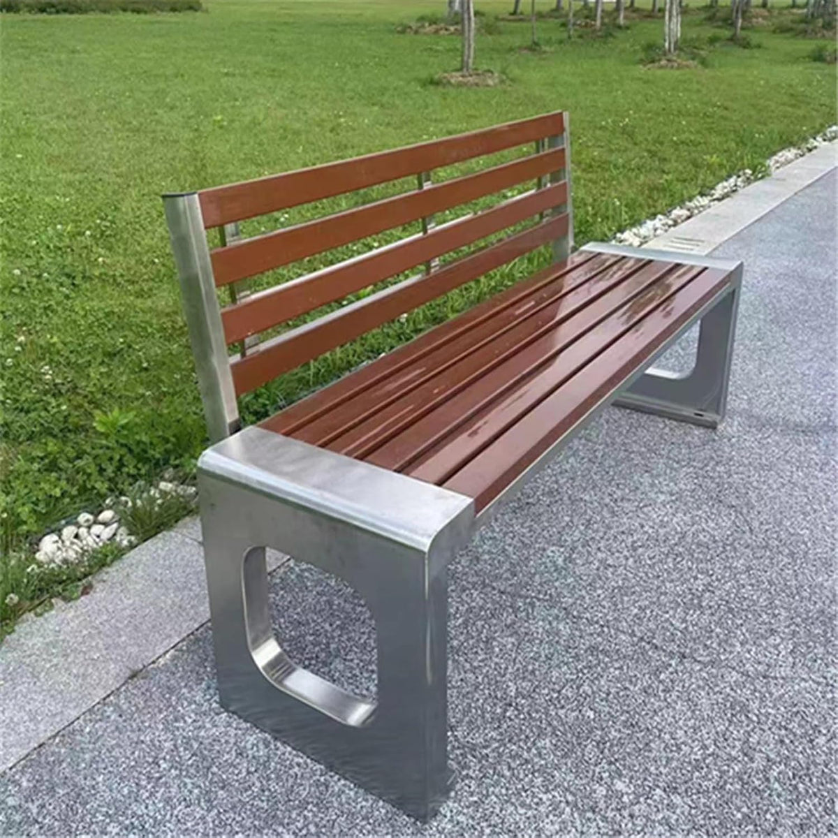 Hltdzer Sitzbank, 120 cm, Gussholz und Edelstahl, Braun/Silber, 2-3 Sitzplätze Schwerlast Gartensitzbank aus Edelstahl