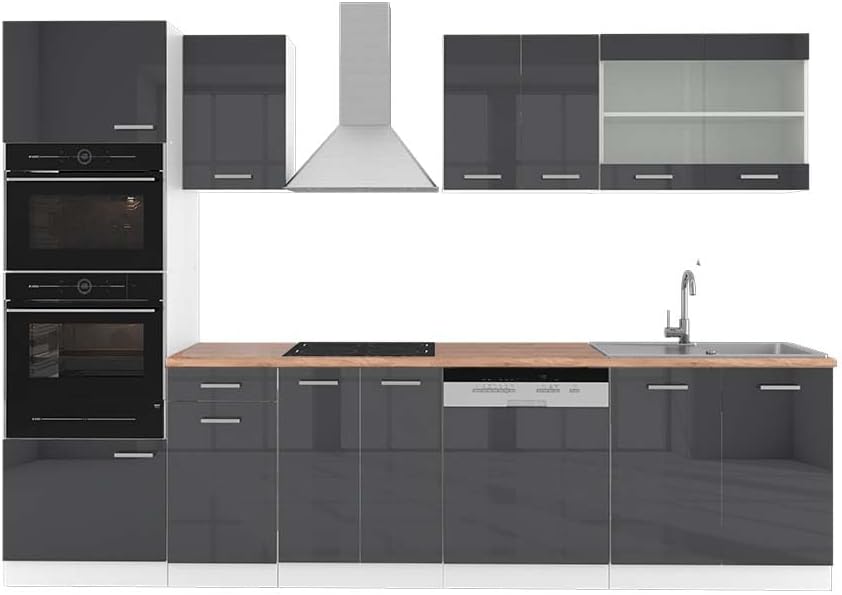 Vicco Küchenzeile, 300 cm, Der Küchenblock besteht aus pflegeleichter Spanplatte 16 mm, mit einer Melaminharzbeschichtung, Anthrazit/Holz