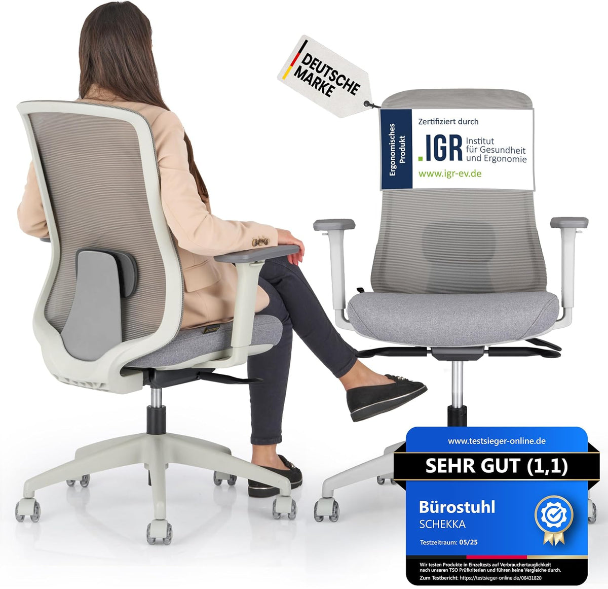 SCHEKKA Schreibtisch, 150 kg, Hellgrau/Grau, Bürostuhl Ergonomisch Testsieger - Besonders individuell