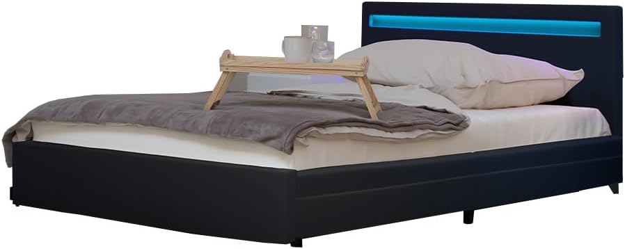 Home Deluxe Bett, 180 x 200 cm, Dunkelgrau, LED NUBE -, - inkl. Lattenrost und Schubladen I Polsterbett Design