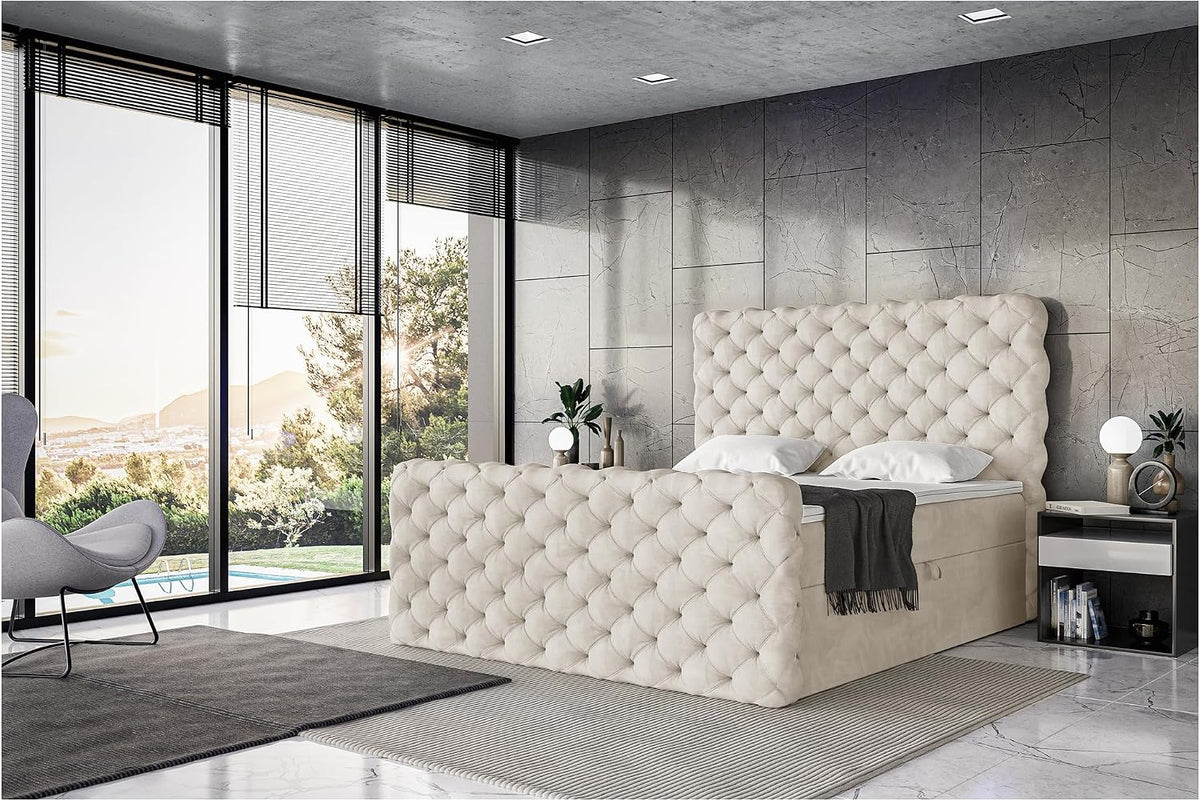 MEBLINI Boxspringbett, Creme, King mit Bettkasten - Gepolstert Doppelbett mit Matratze