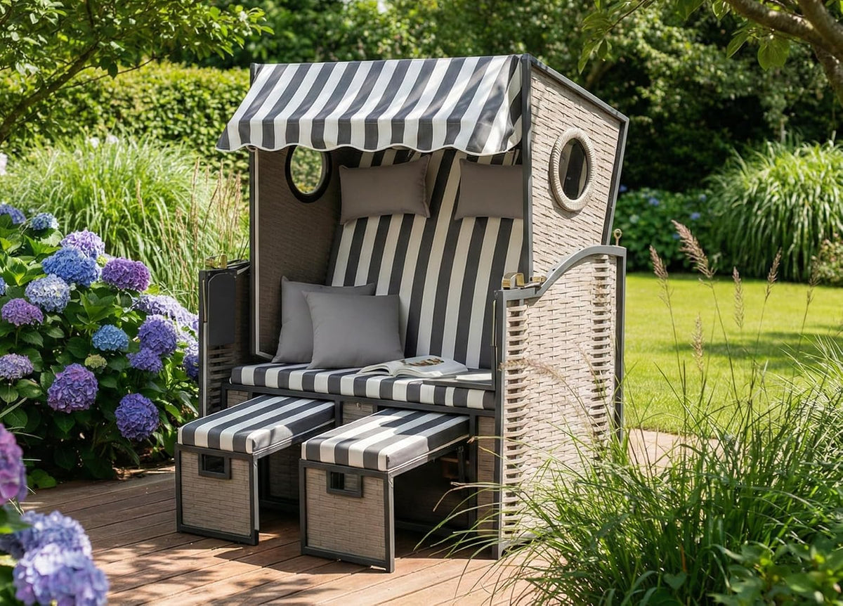 Wohnando Terrassen Sitzmöbel, Anthrazit/Weiss, Strandkorb 2 Sitzer mit Bullauge, Ostsee Volllieger wetterfest, Sonnenliege mit Dach & 2 Klapptische