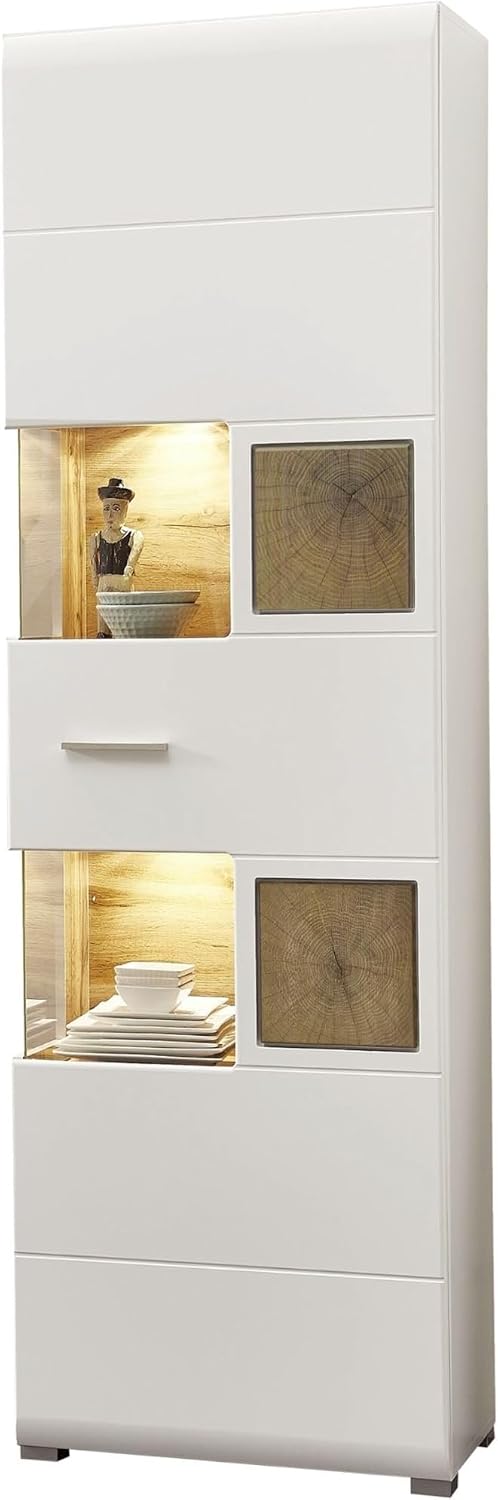 Stella Trading Vitrine, 65 x 205 x 37 cm, Weiss, Fun Plus Grosse weiss mit schönen Hirnholz-Applikationen