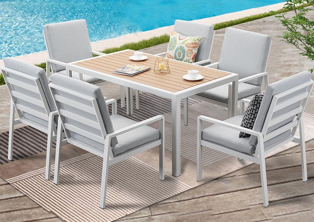GLP Gartenmöbel-Set, Grau/Weiss/Natürlich, Gartenlounge-Set Garten-Essgruppe, 7-TLG., 6 Sessel, 1 Esstisch, inkl. Auflagen