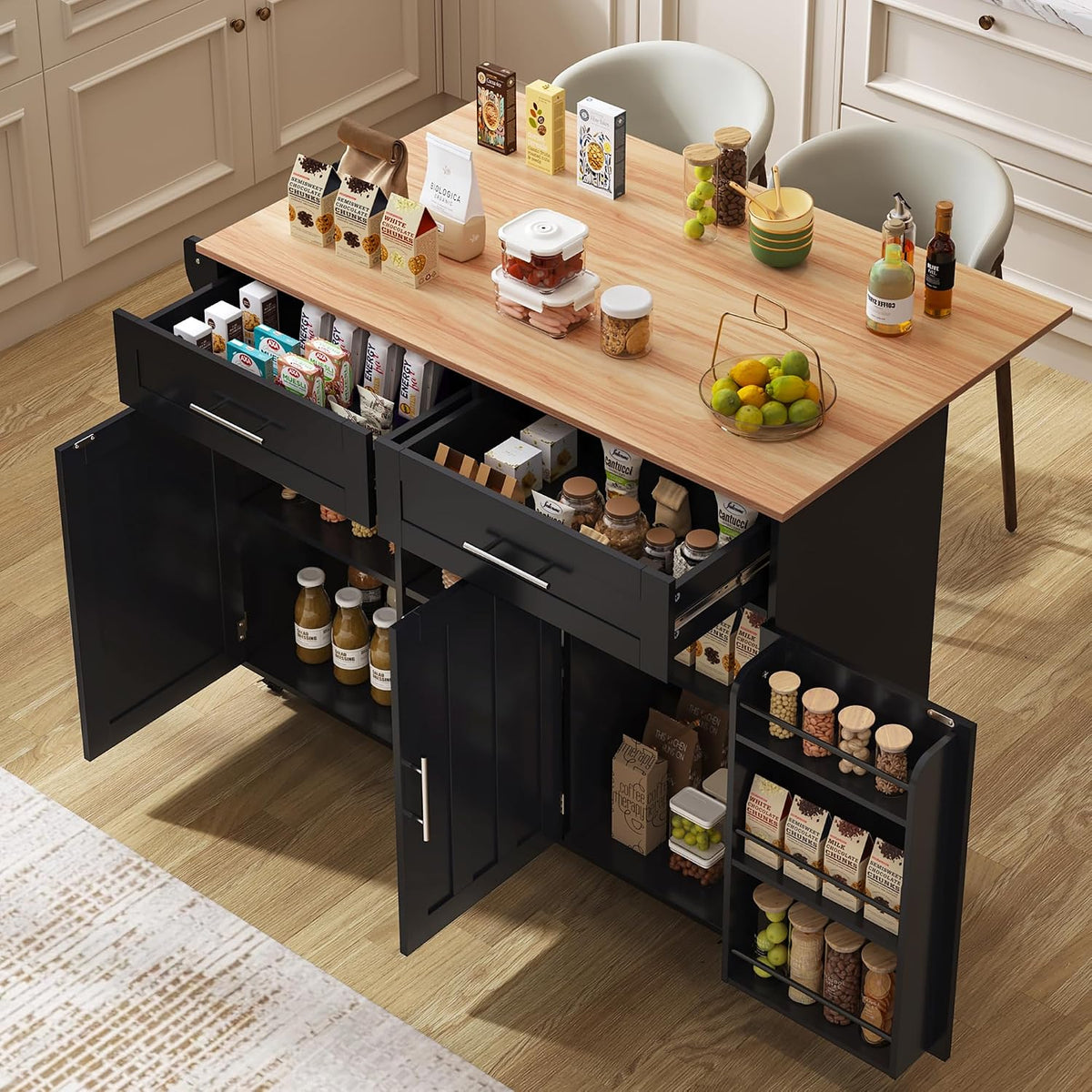 Bladez Sideboard, Schwarz, Grosser Schwarzer Küchenwagen Massivholz-Arbeitsplatte, Klappbare Arbeitsfläche, Stauraumtür
