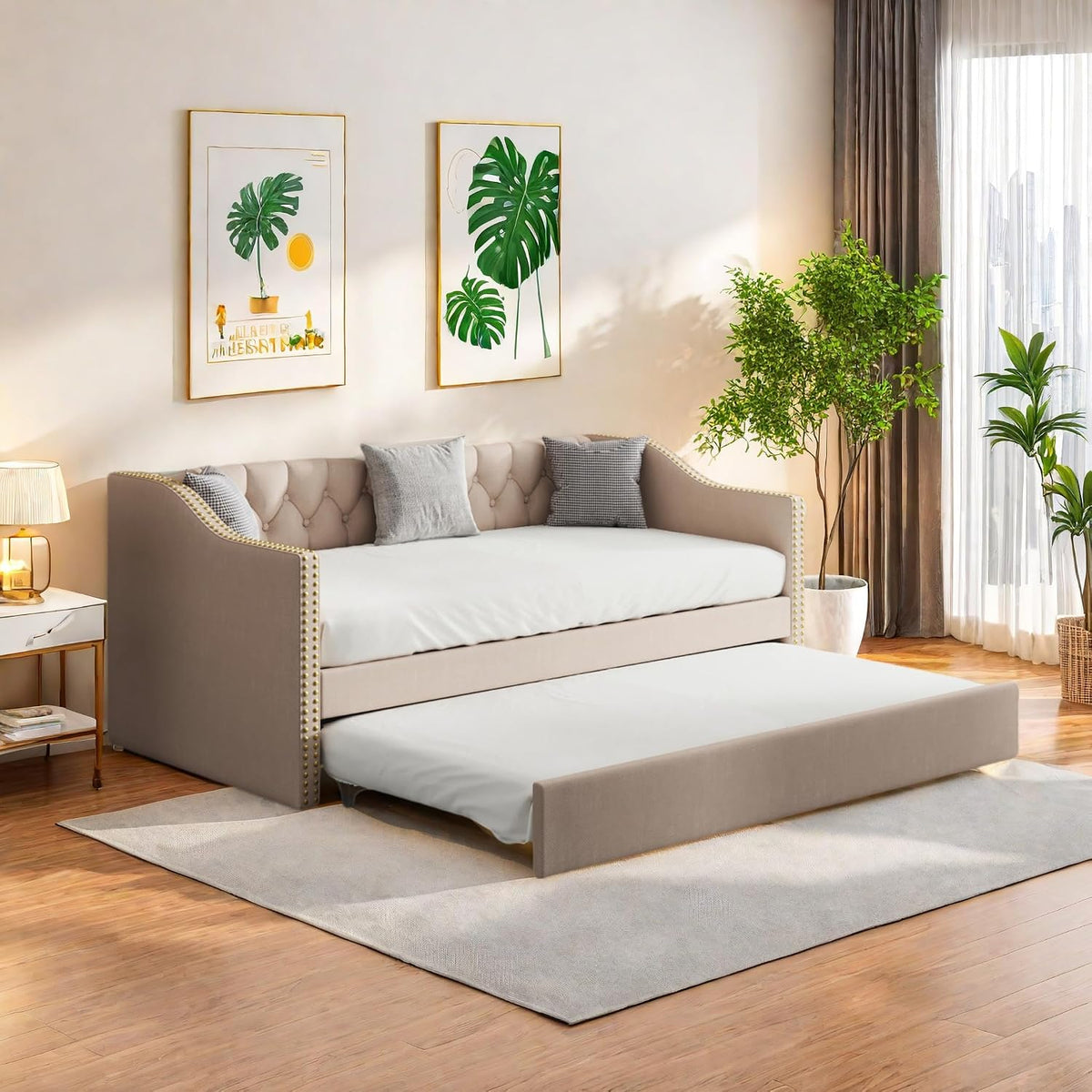 Sofa Dormely, Leinenstoff + MDF-Rahmen, Beige, Polsterbett Schlafsofa 90x200 mit Ausziehbett, Einzelbett Bettgestell mit Lattenrost
