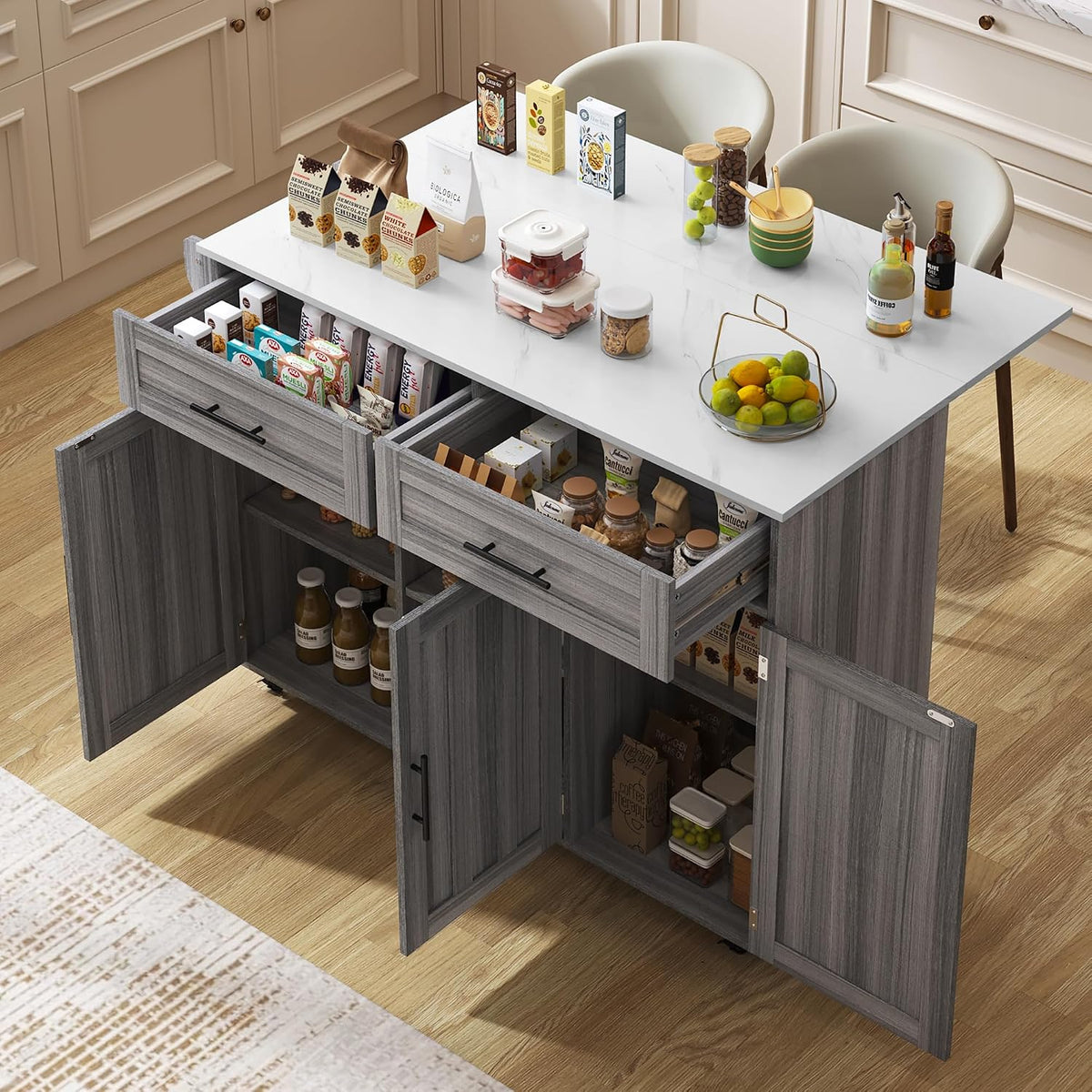 Sapgaks Sideboard, 29x71x91,5 cm, MDF und Holzwerkstoffen, Grau/Weiss, Speisewagen Anrichte mit klappbarer Tischplatte