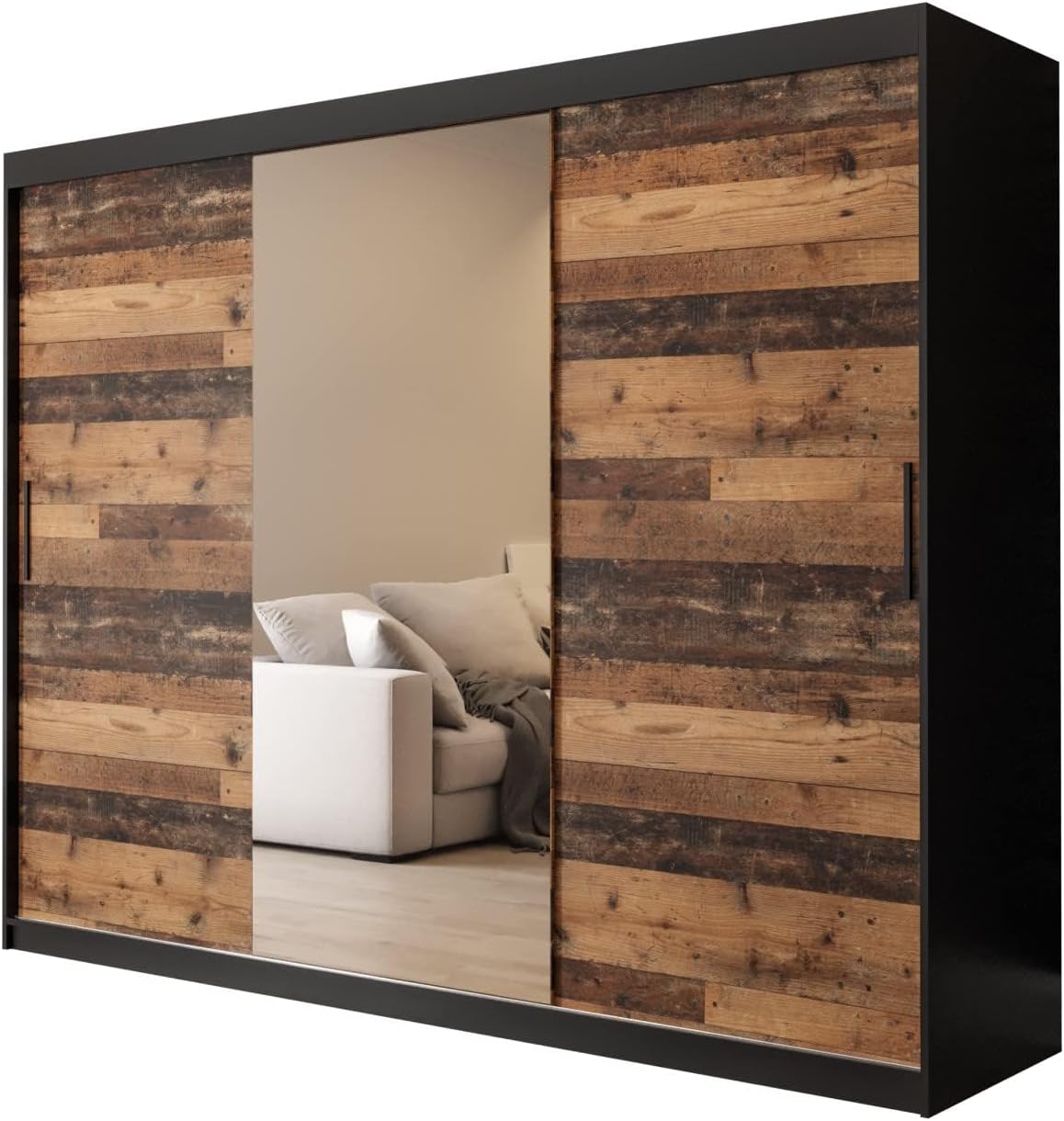 Kleiderschrank MEBLE KRYSPOL, 250 cm, Schwarz/Braun, Schiebetürenschrank Old Style T1 mit Spiegel Einlegeboden