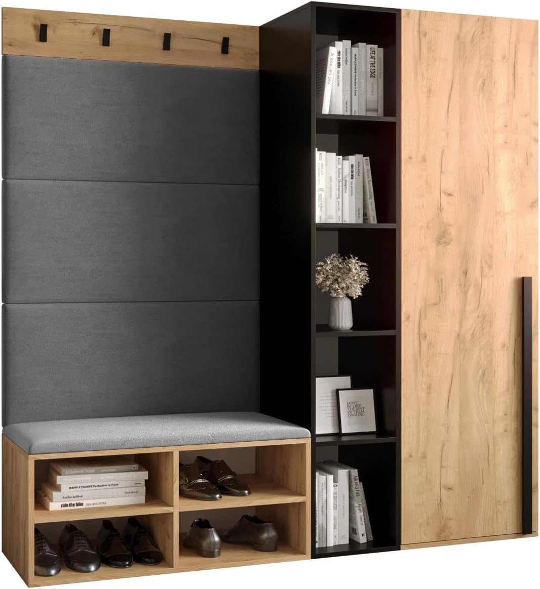 MEBLE KRYSPOL Komplettprogramme, Grau/Eiche/Schwarz, Garderobe MIRO Set 1 mit gepolsterten Paneelen Modern, Eiche Kraft Gold + Schwarz Matt)