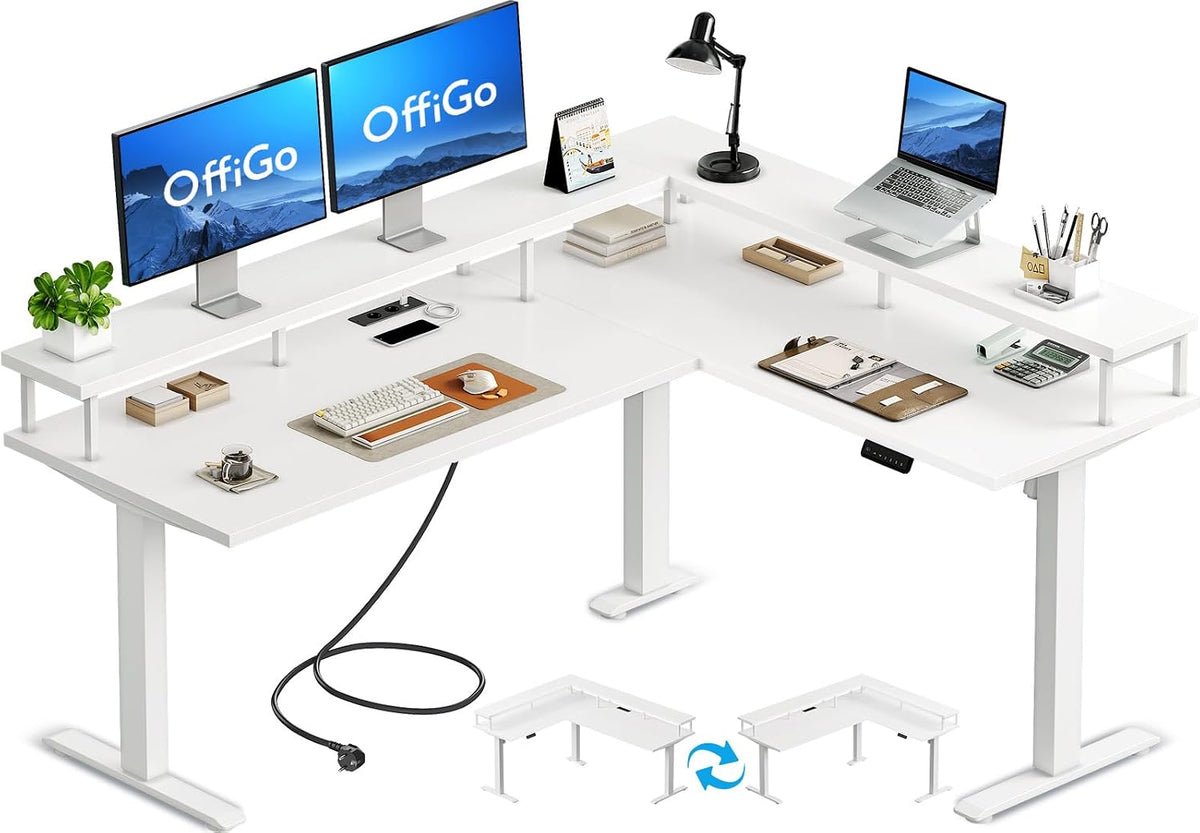 OffiGo Schreibtisch, 150x120 cm, Weiss, Eckschreibtisch Höhenverstellbar, Höhenverstellbar mit Steckdose, Elektrischer L Form mit Monitorständer