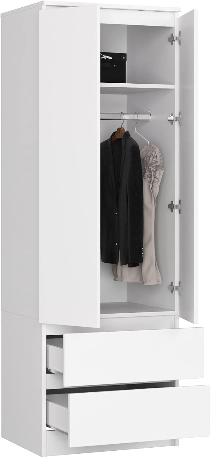 BDW Kleiderschrank, 180x60x51 cm, Weiss, mit 2 Türen, 2-türiger, 2 Schubladen - Aufbewahrungsschrank - Moderner Schrank