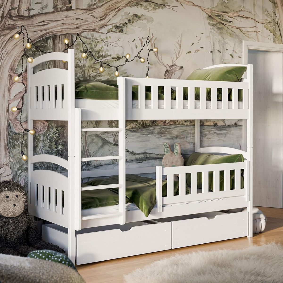 Kids Collective Bett, 90x200 cm, Weiss, Hochbett Etagenbett mit Zwei Schubladen, Lattenrost, Rausfallschutz, umbaubar in Zwei Einzelbetten