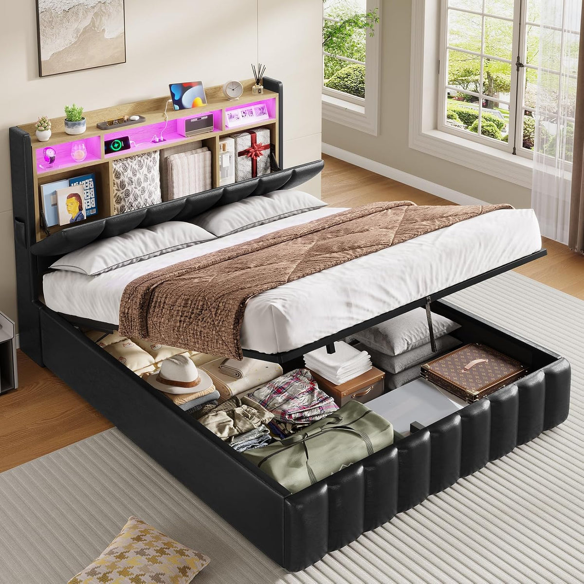 KIMENICH Bett, 140 x 190 cm, Schwarz, mit LED Beleuchtung, Hydraulisches, Polsterbett, Regalkopfteil mit Stauraum