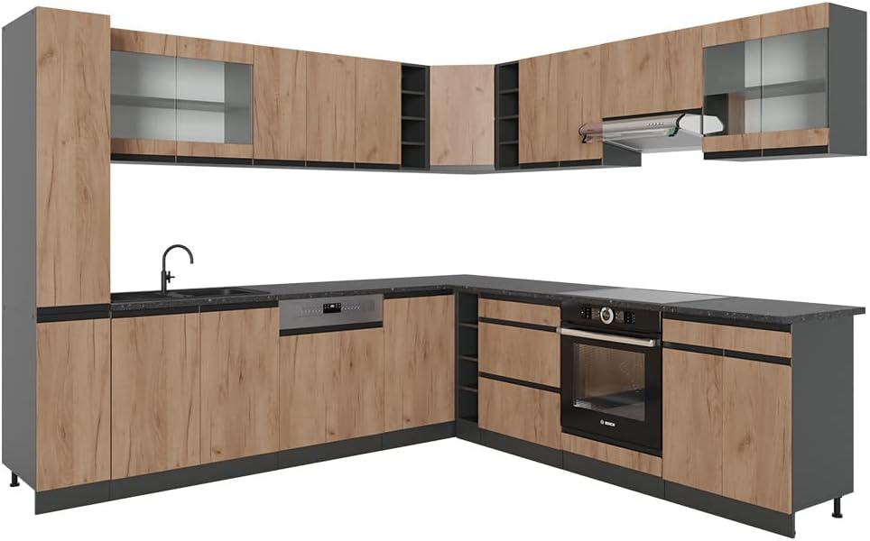 Vicco Küchenzeile, 257 x 46 cm, Die Winkelküche besteht aus pflegeleichter Spanplatte 16 mm, mit einer Melaminharzbeschichtung, Holzoptik/Grau