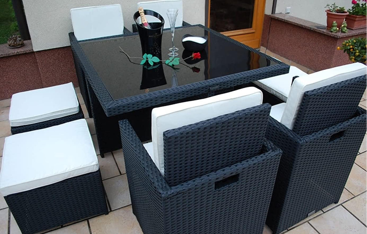 Gartenmöbel-Set Ragnarök-Möbeldesign, Schwarz/Weiss, PolyRattan - DEUTSCHE Marke - EIGNENE Produktion - 8 Jahre