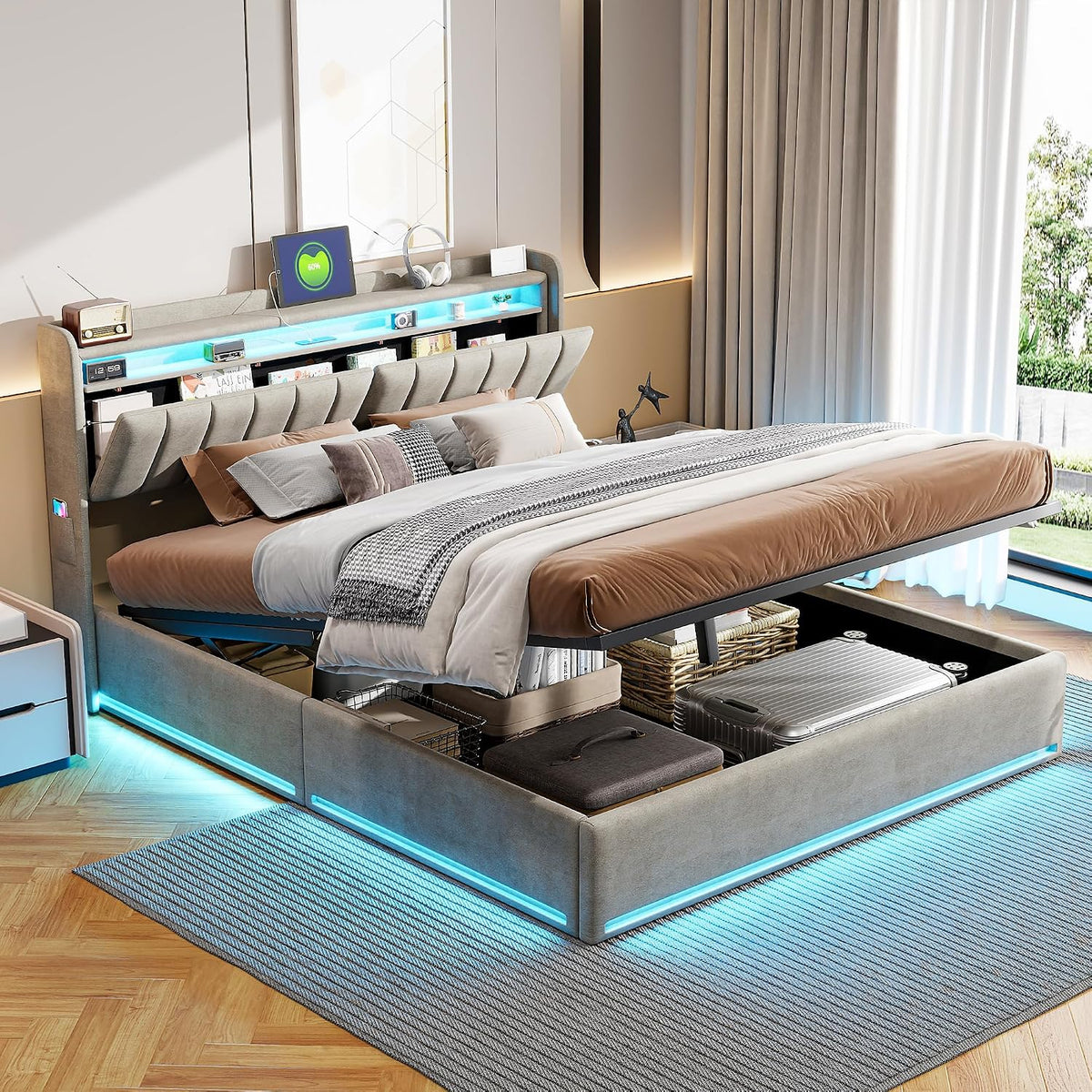 BRILVERDE Bett, 140 x 200 cm, Grau/Braun, Polsterbett 140x200 mit Stauraum, Doppelbett mit LED/USB, Jugendbett mit Kopfteil