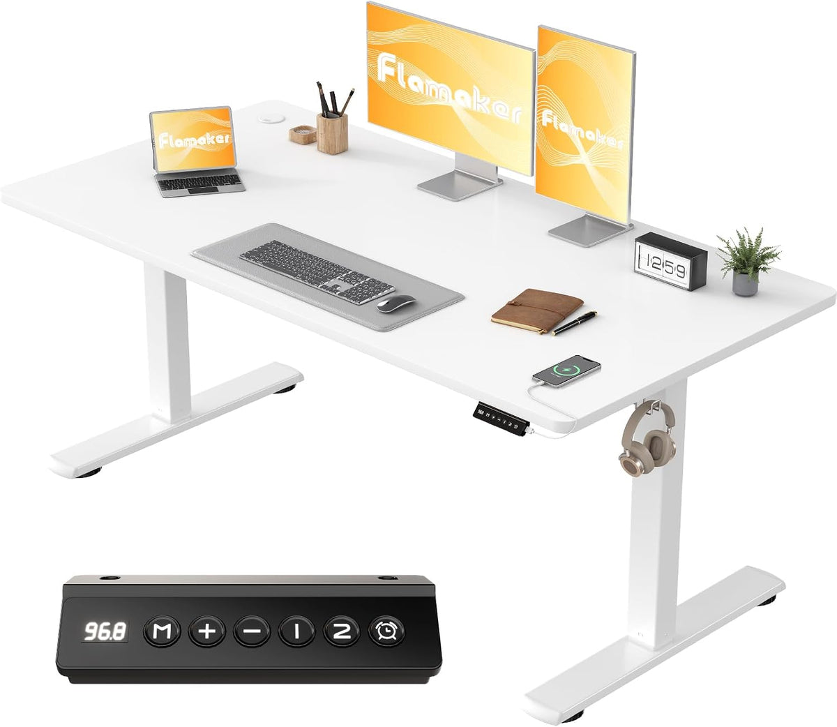 Flamaker Schreibtisch, 140 x 60 cm, Weiss, Höhenverstellbarer Ganze Tischplatte, Höhenverstellbar Elektrisch mit Memory Steuerung