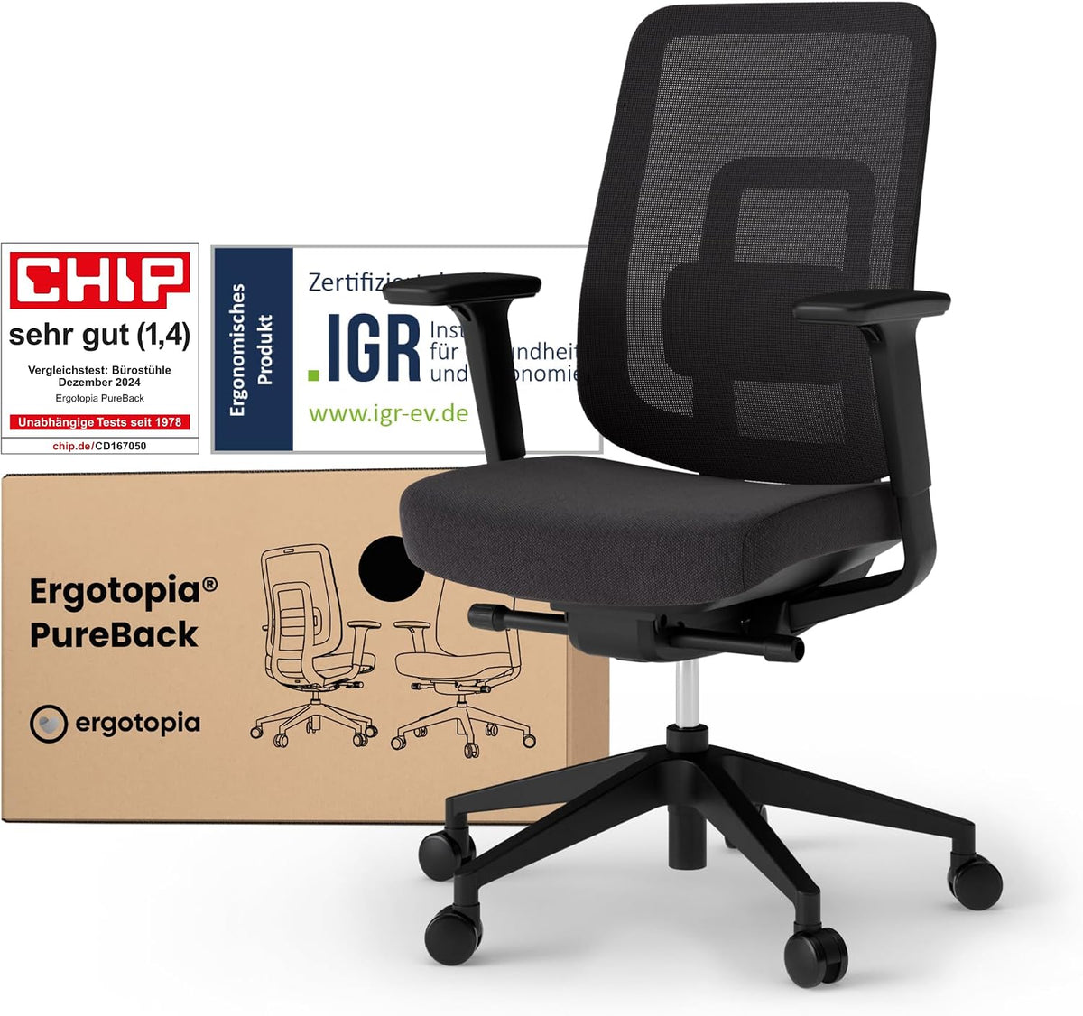 Ergotopia Schreibtisch, Schwarz, PureBack ergonomischer Bürostuhl, Schreibtischstuhl ergonomisch mit 4D-Armlehnen &