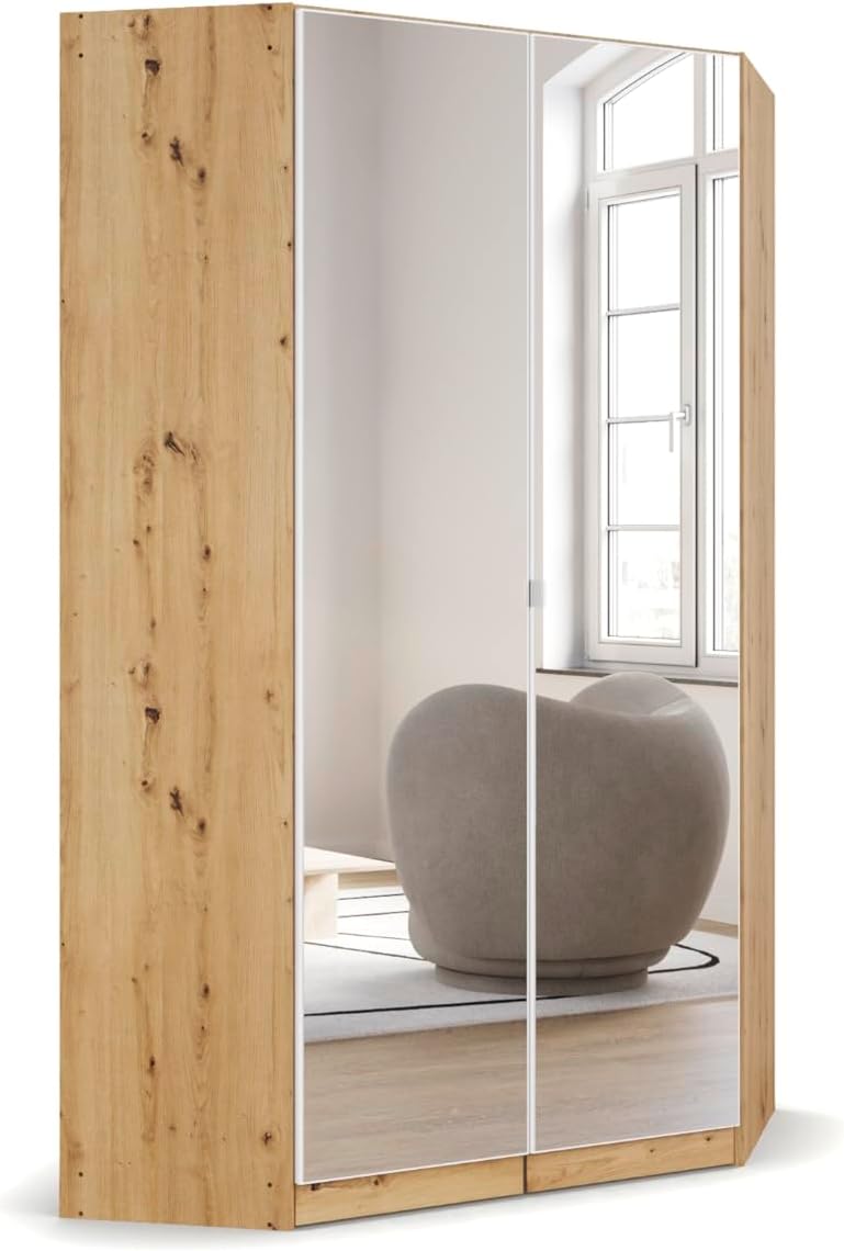 Rauch Möbel Kleiderschrank, 117x197x104 cm, Weiss/Eiche, Nidda, Eckschrank mit 2 Spiegeltüren, Eck-, weiss, Garderobe