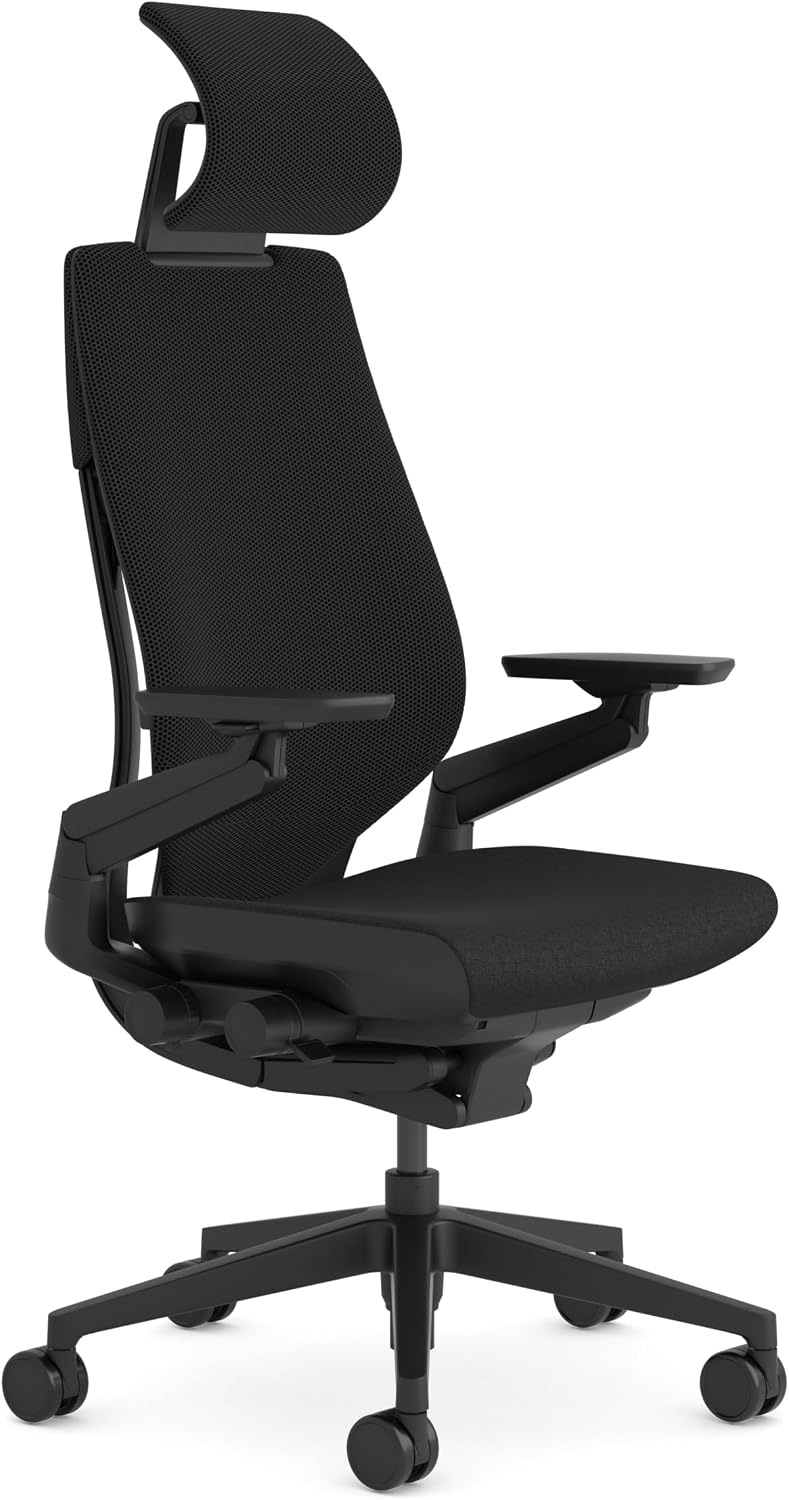 Steelcase Gesture Light Aktion mit Kopfstütze Monitor, Schwarz, Ergonomischer Bürostuhl 360° Armlehnen, 3D-Live Back Lumbalstütze