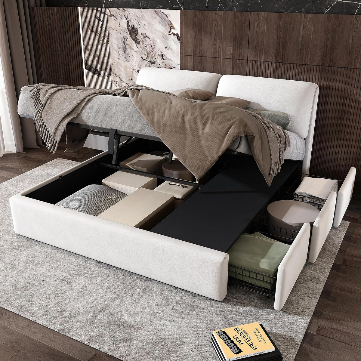 Rtopsu Matratze, 180x200 cm, Beige/Schwarz, Polsterbett Doppelbett mit 3 Stauraum Schubladen, Bett mit Stauraum und Kopfteil