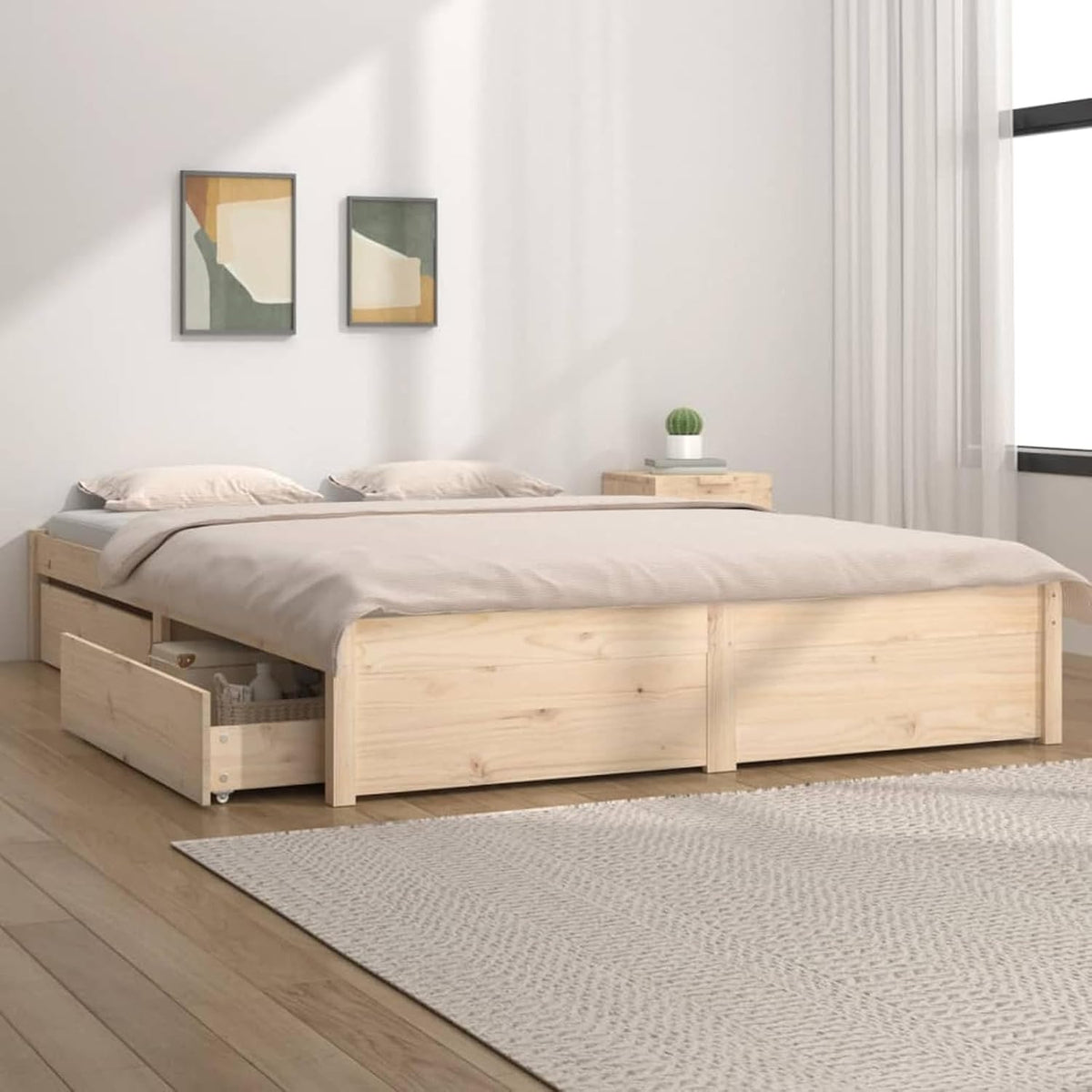 Iiaky Bettrahmen, 200 x 200 cm, Natur, Bett 200x200 mit Stauraum Holz Bett mit Schubladen