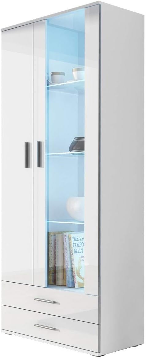 Furniture24 Vitrine, Weiss/Weiss Hochglanz, mit Blauer LED Beleuchtung SOHO S6 Vitrinenschrank