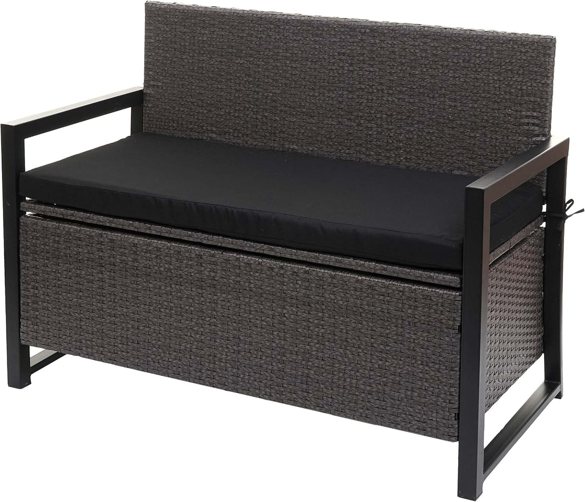 Mendler Sitzbank, Grau/Schwarz, Poly-Rattan 2er HWC-F39AM, Gartenbank Truhenbank, Staufach Aufbewahrung Sitzkissen - grau