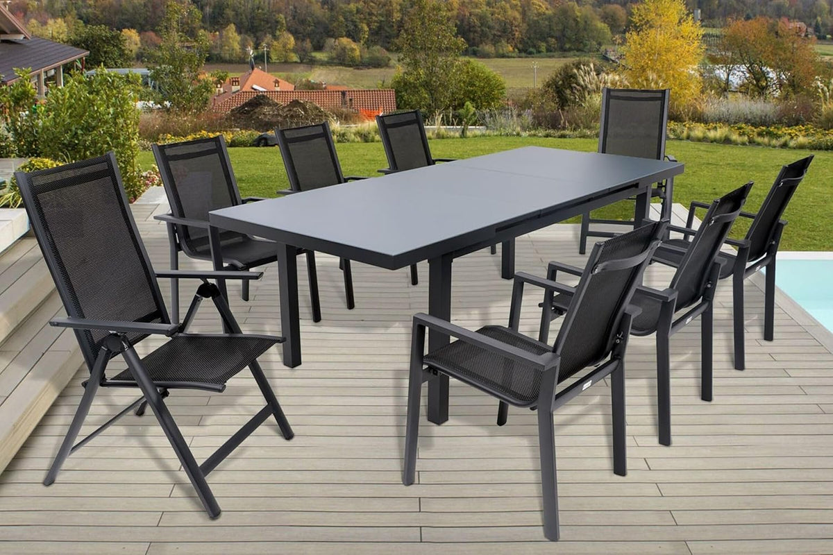 OUTFLEXX Essgruppe, 240x100 cm, Anthrazit, Premium Garten-, matt, Alu/Textilene, Tisch 180/, 6 Stapel-, 2 Klappstühle
