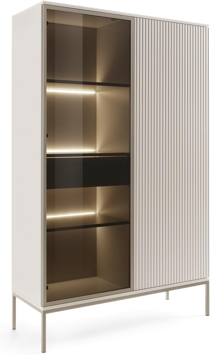 Emporius Vitrine, 100 cm, 166 cm, Beige, Daveno Vitrinenschrank, Glasvitrine Stehend - Highboard, Glasvitrine mit LED und Lamellen - hoch