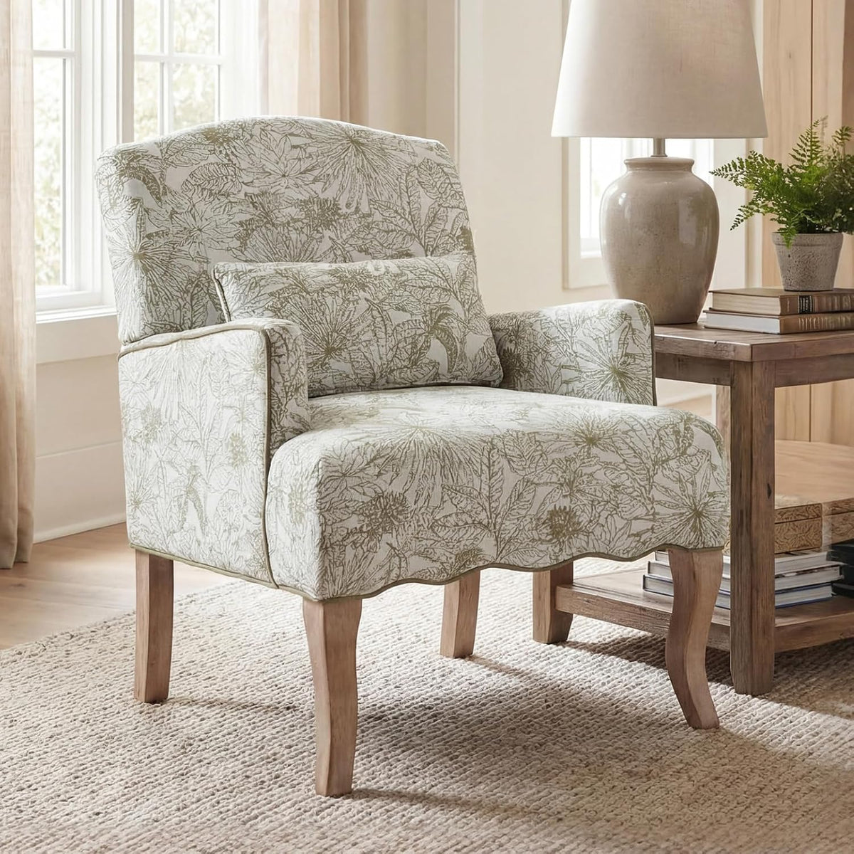 Sofa chairus, Chenille + Schwamm + Holzbeine, Grün/Beige, Chenille Einzelsofa Sessel Wohnzimmer Holzbeine Ohrensessel