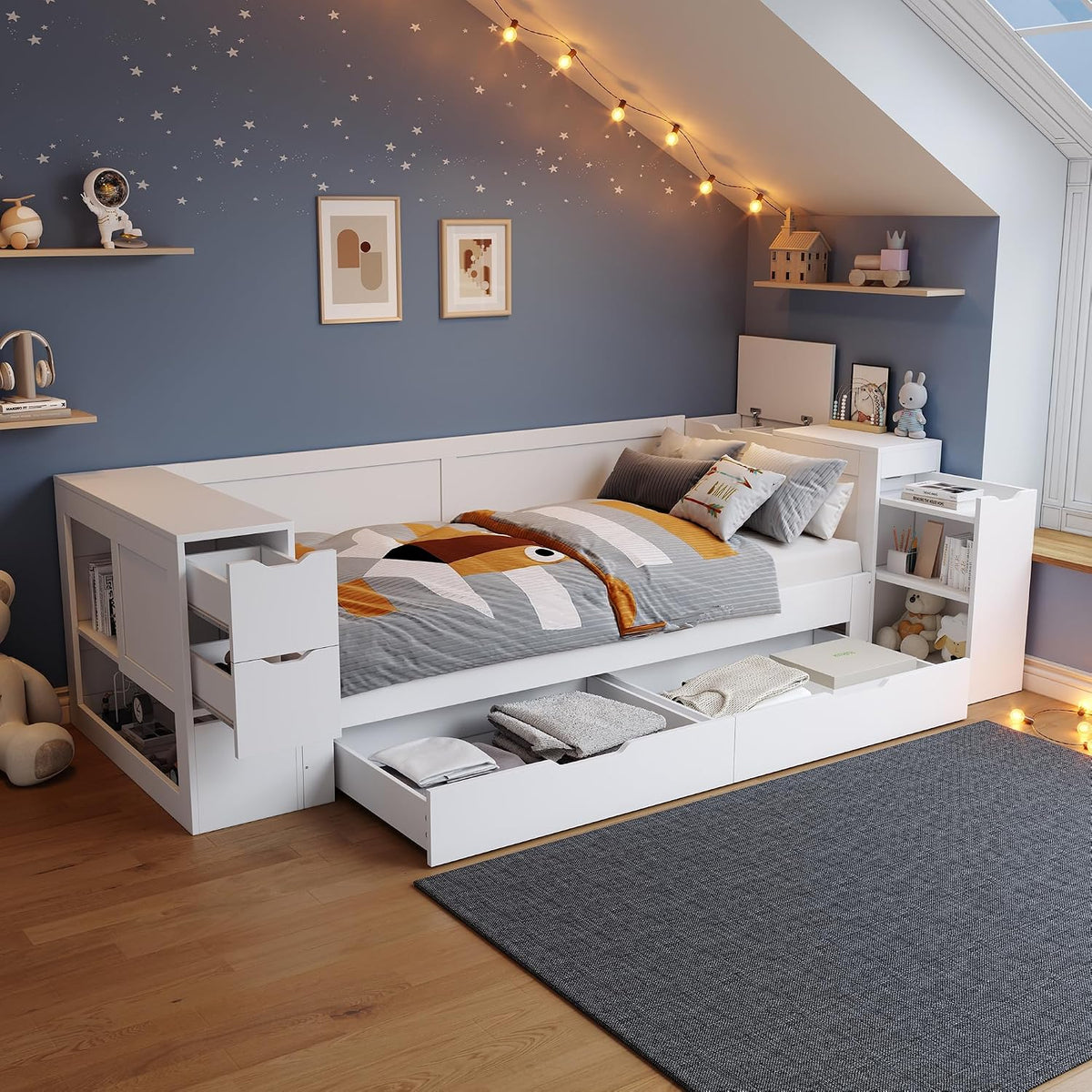 RIAZOS Matratze, 90x200 cm, Weiss, Kinderbett, Einzelbett mit Regalen und Stauschrank, Stauraumbett mit Schubladen