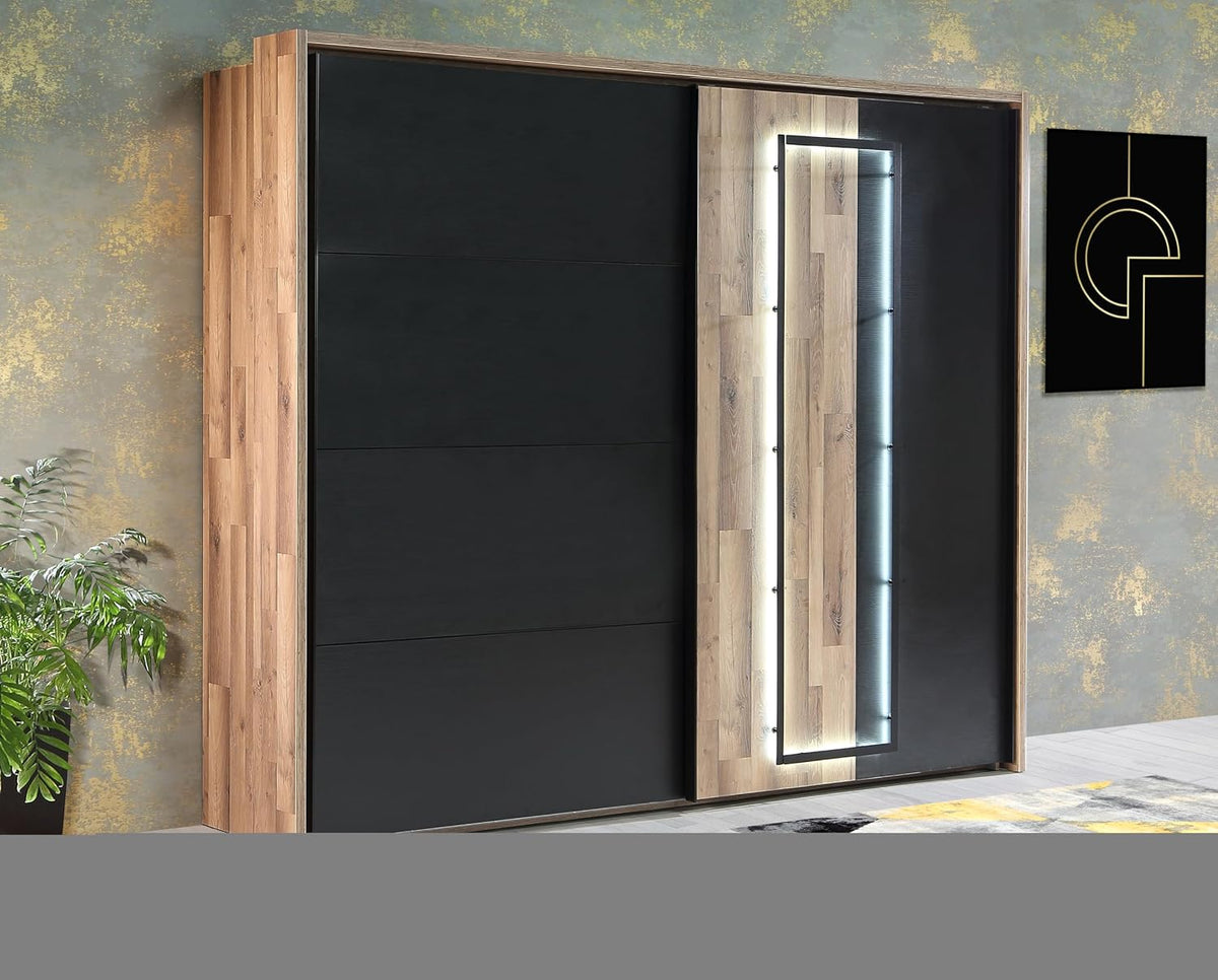 Forte Kleiderschrank, 281 cm, 216 cm, 64 cm, Schwarz/Eiche, Sirius Crown Schrank 280 290, mit LED Beleuchtung, breit x hoch x tief