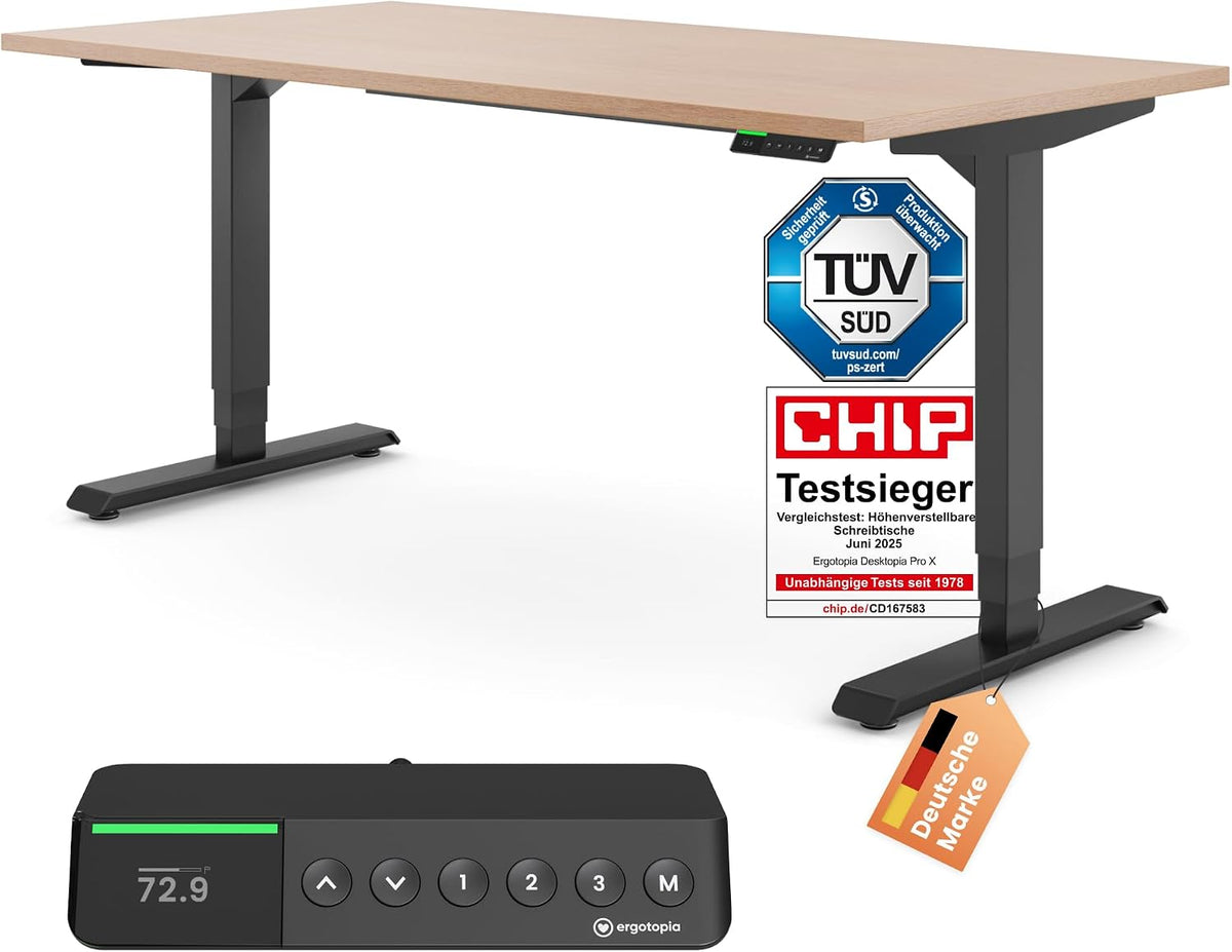 Ergotopia Schreibtisch, 180 x 80 cm, Buche/Schwarz, Desktopia Pro X Elektrisch höhenverstellbarer, Gestell Schwarz