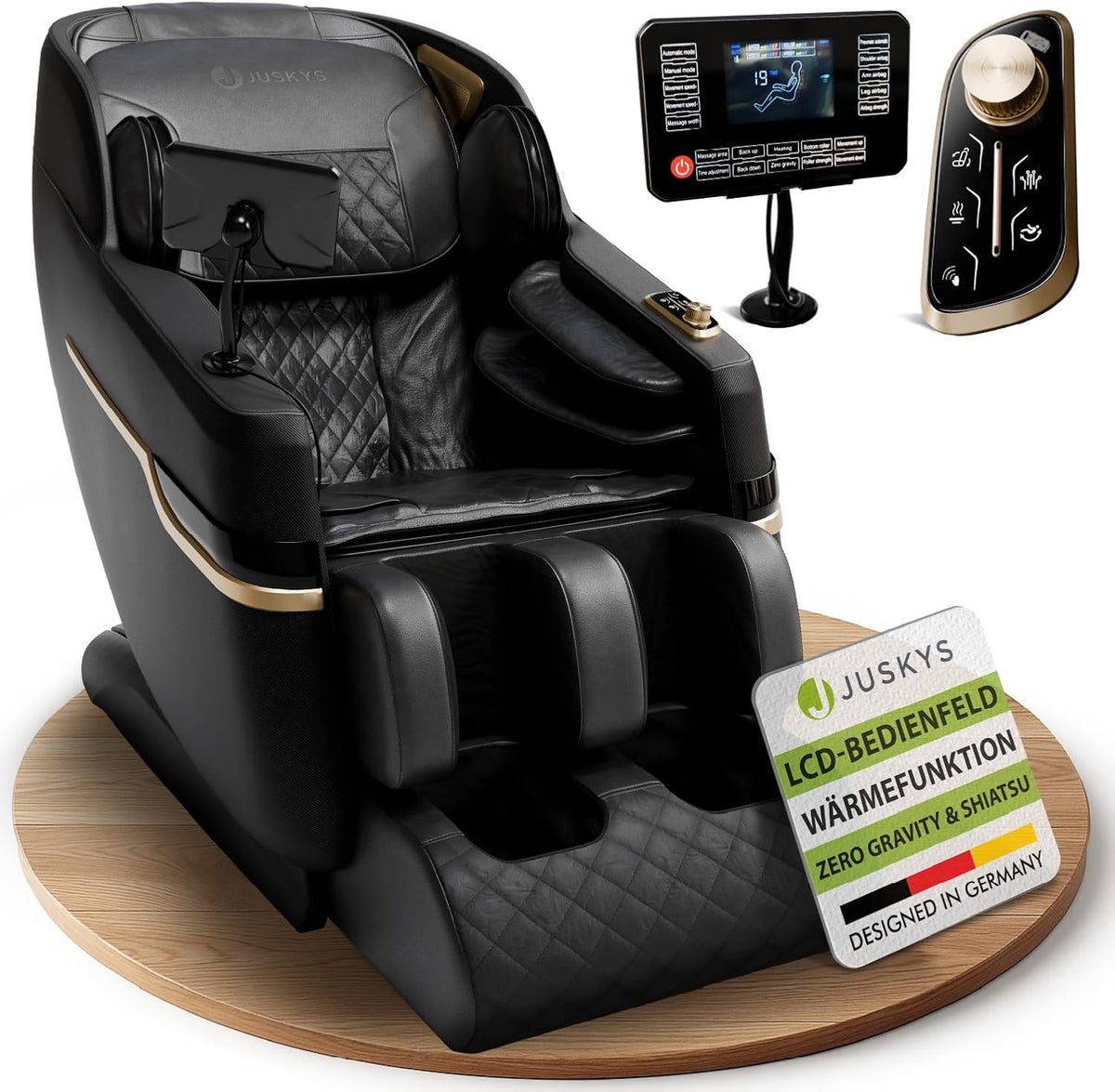 Juskys Massagestühle & Sitzauflagen, Schwarz/Gold, Massagesessel Naxos, elektronisch mit LCD-Bedienfeld, Bluetooth