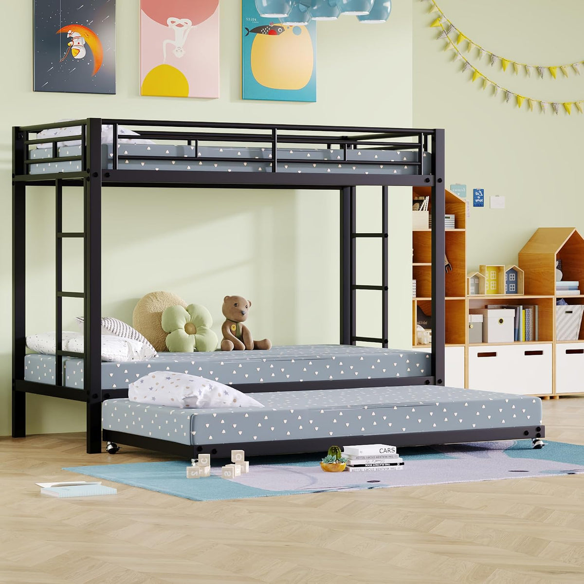 Zravenna Matratze, 90 x 200 cm, Schwarz, Dreier Hochbett Etagenbett 90x200 cm mit Ausziehbett und, Kinderbett für 3 Kinder mit hohe Geländer