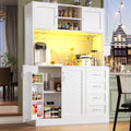 Qsddk Buffetschrank, 120x40x188 cm, Weiss, Küchenschrank mit Arbeitsplatte und LED-Beleuchtung, Küchenschränke mit Snackregal und Getränkehaltern