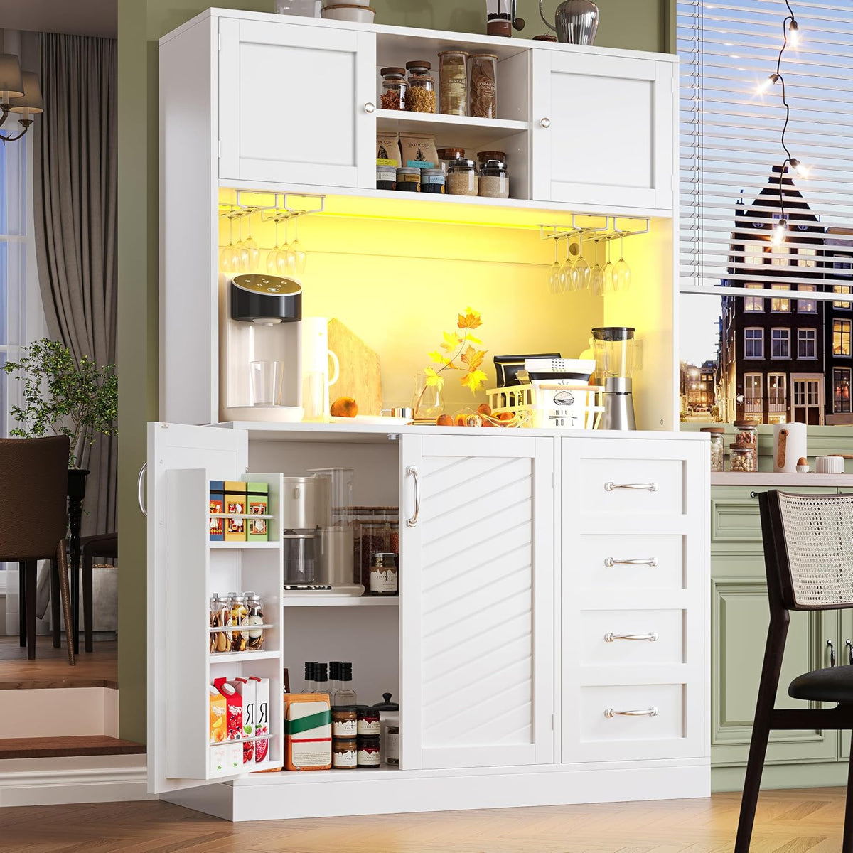 Qsddk Buffetschrank, 120x40x188 cm, Weiss, Küchenschrank mit Arbeitsplatte und LED-Beleuchtung, Küchenschränke mit Snackregal und Getränkehaltern