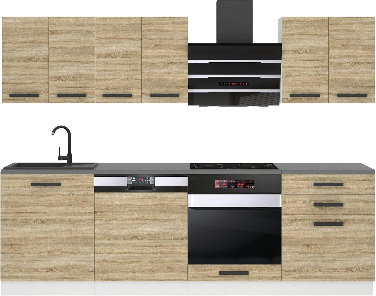 B BELINI GROUP Küchenzeile, 240 cm, Holzoptik/Schwarz, Küchenblock Susan - Küchenmöbel Einbauküche Vollausstattung