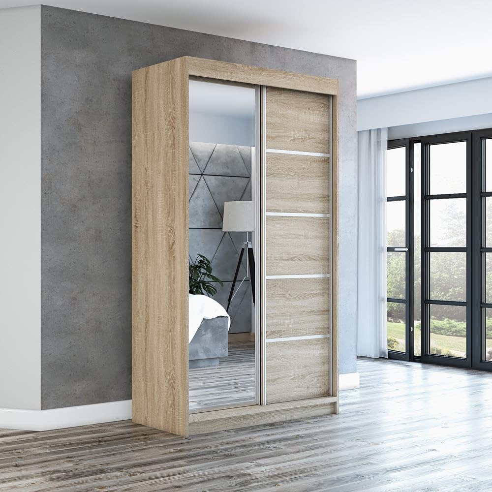 A&J MöbelLand Kleiderschrank, 120 cm, Sonoma, Schwebetürenschrank GAPI 2-türig mit Spiegel, Garderobe ( / / )