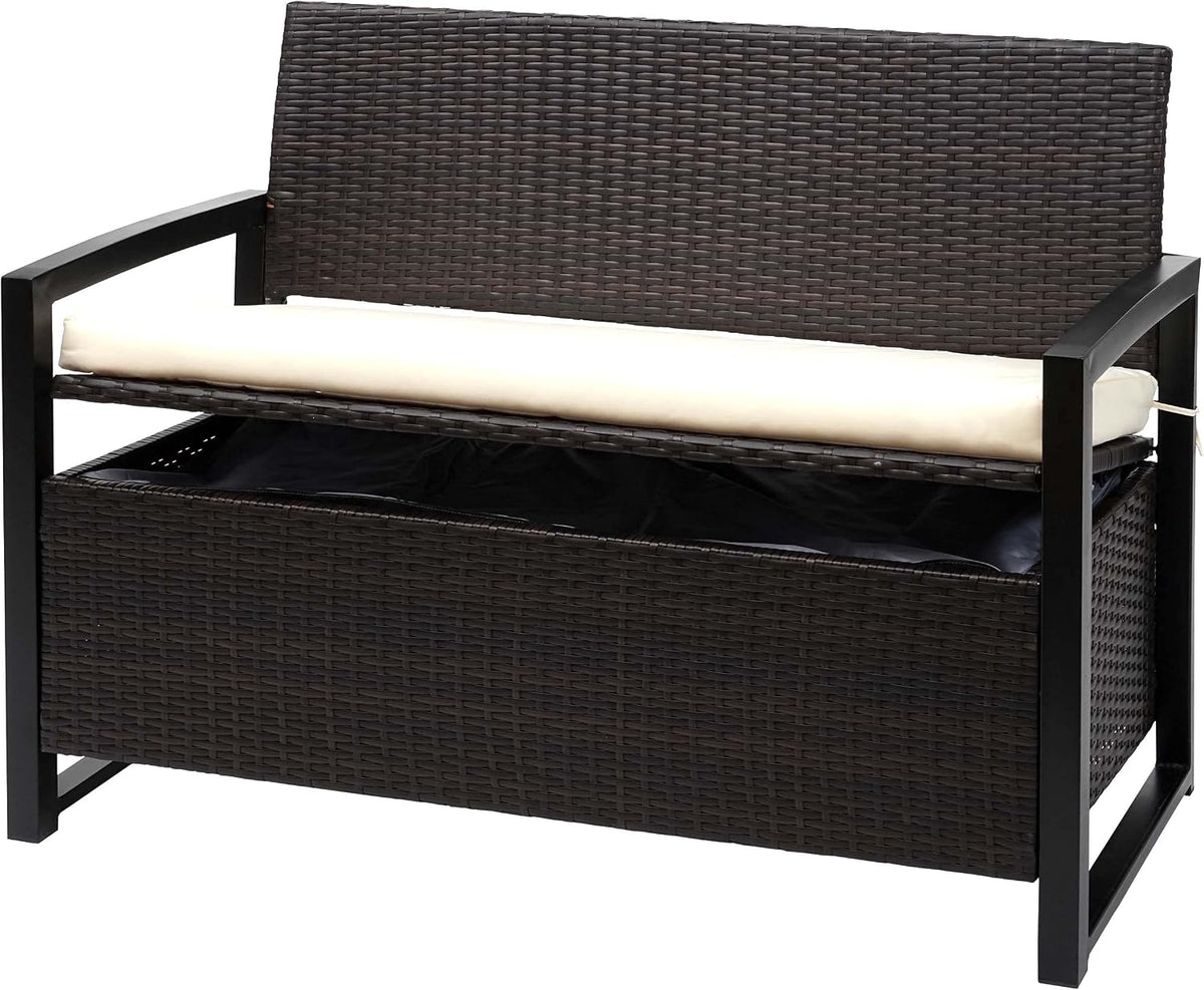 Mendler Sitzbank, Braun/Creme, Poly-Rattan 2er HWC-F39, Gartenbank Truhenbank, Staufach Aufbewahrung Sitzkissen - braun
